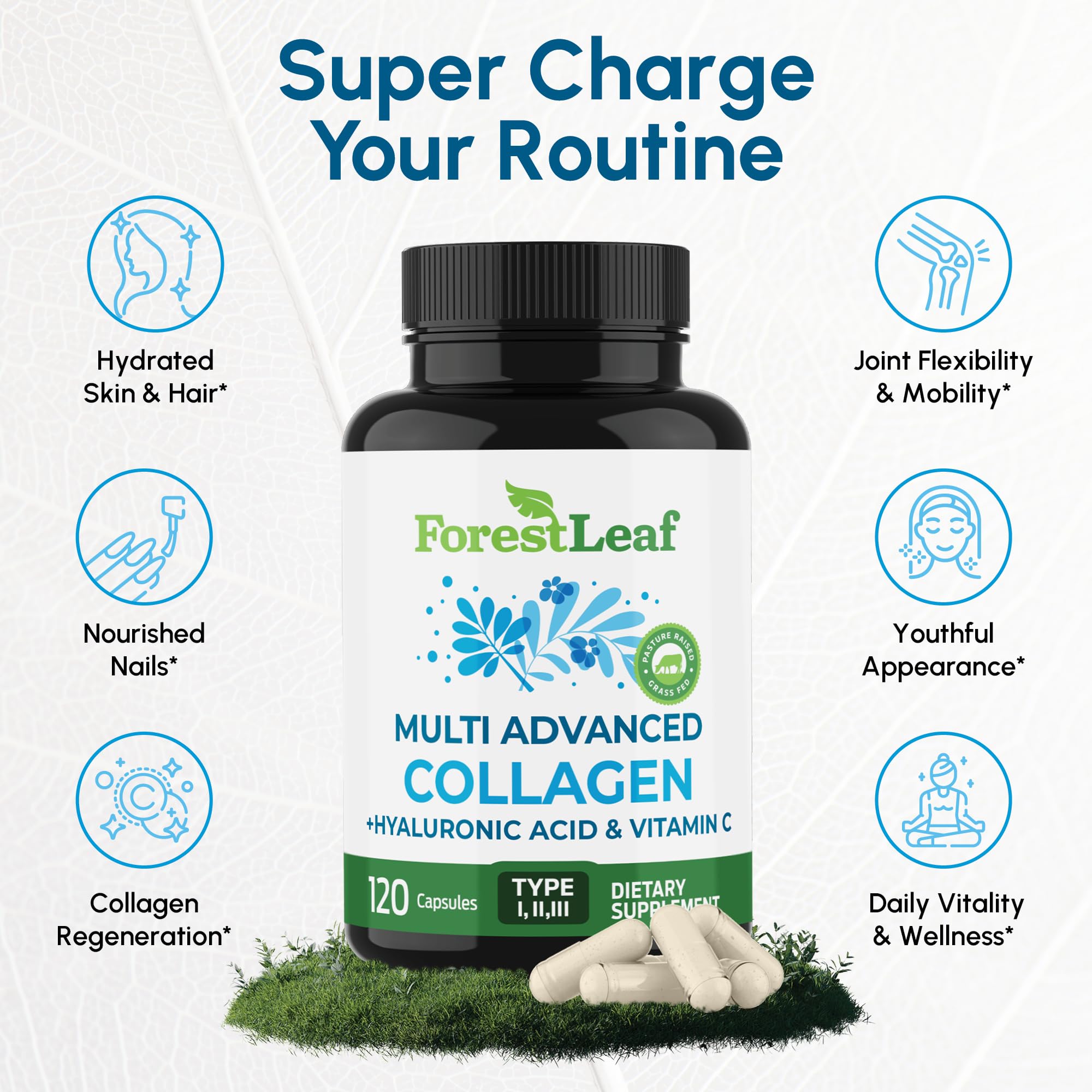 ForestLeaf Multi Collagen Pills with Hyaluronic Acid + Vitamin C | Hydrolyzed Collagen Supplements for Women or Men | Multi Collagen Capsules Peptides for Skin, Wrinkles, 120 Caps ForestLeaf uk supplements