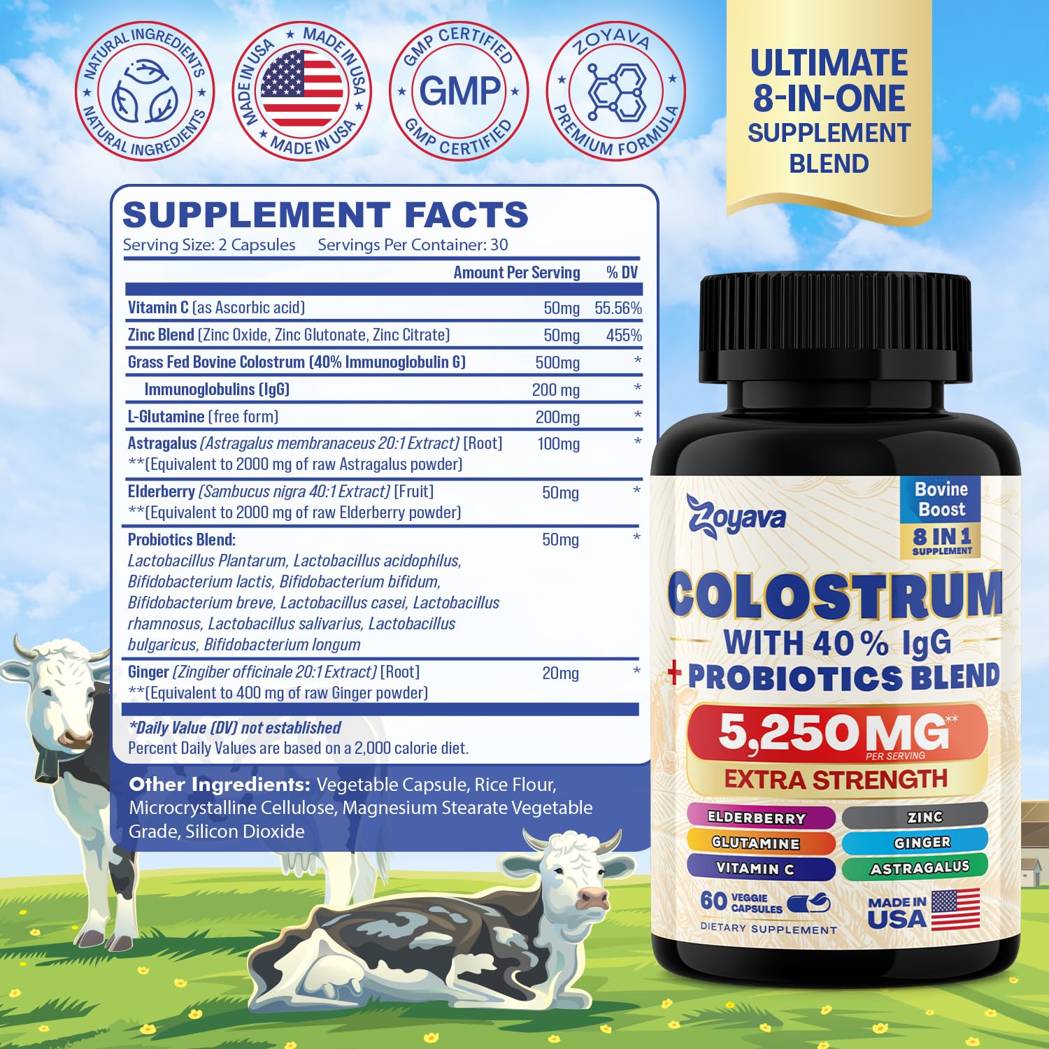 Bovine Colostrum Supplement Capsules 5250 MG, Grass Fed Cow Colostrum Zoyava uk supplements