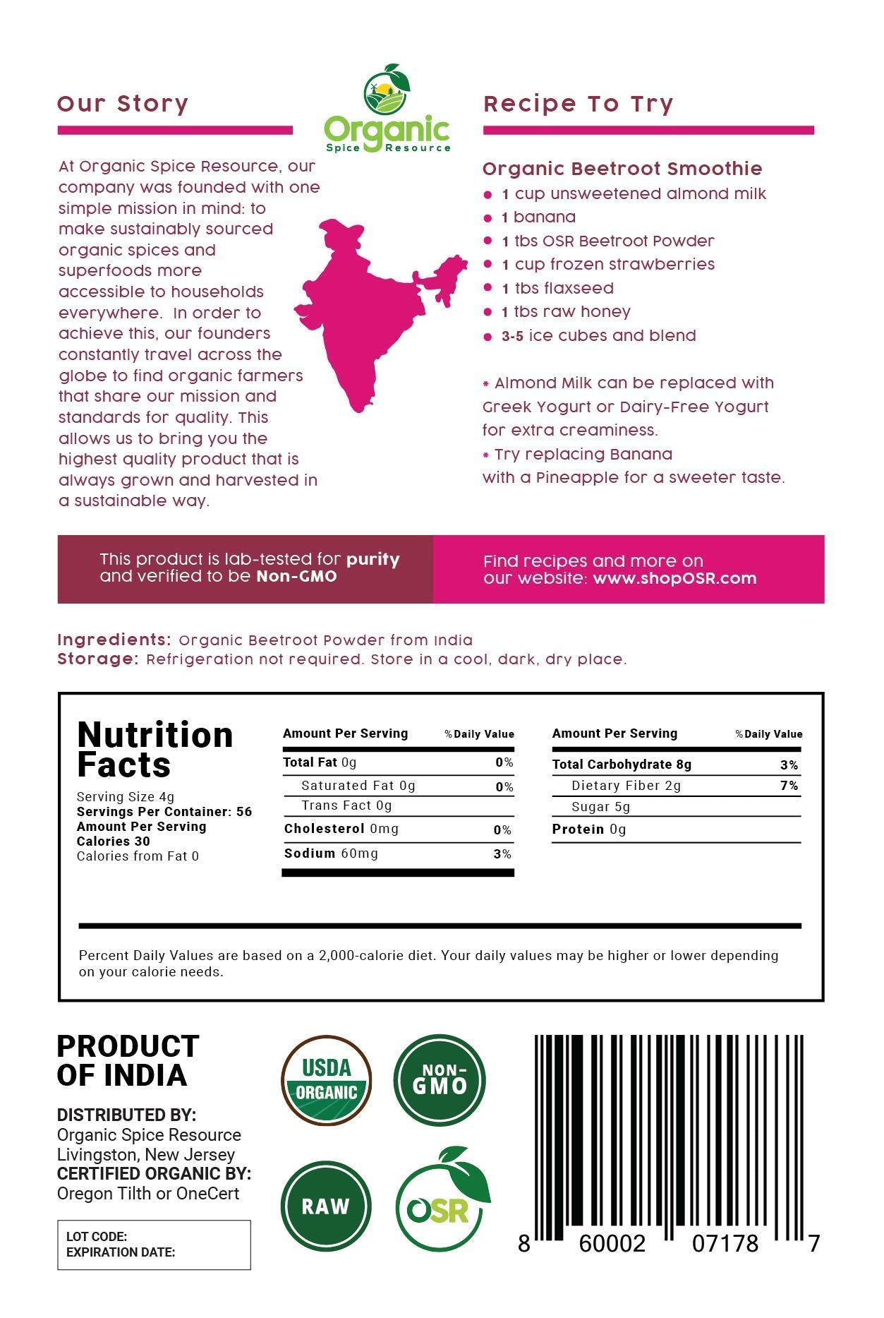 Organic Beet Root Powder | 8 oz or 226g | USDA Organic Approved, Raw and Non GMO Organic Spice Resource uk supplements
