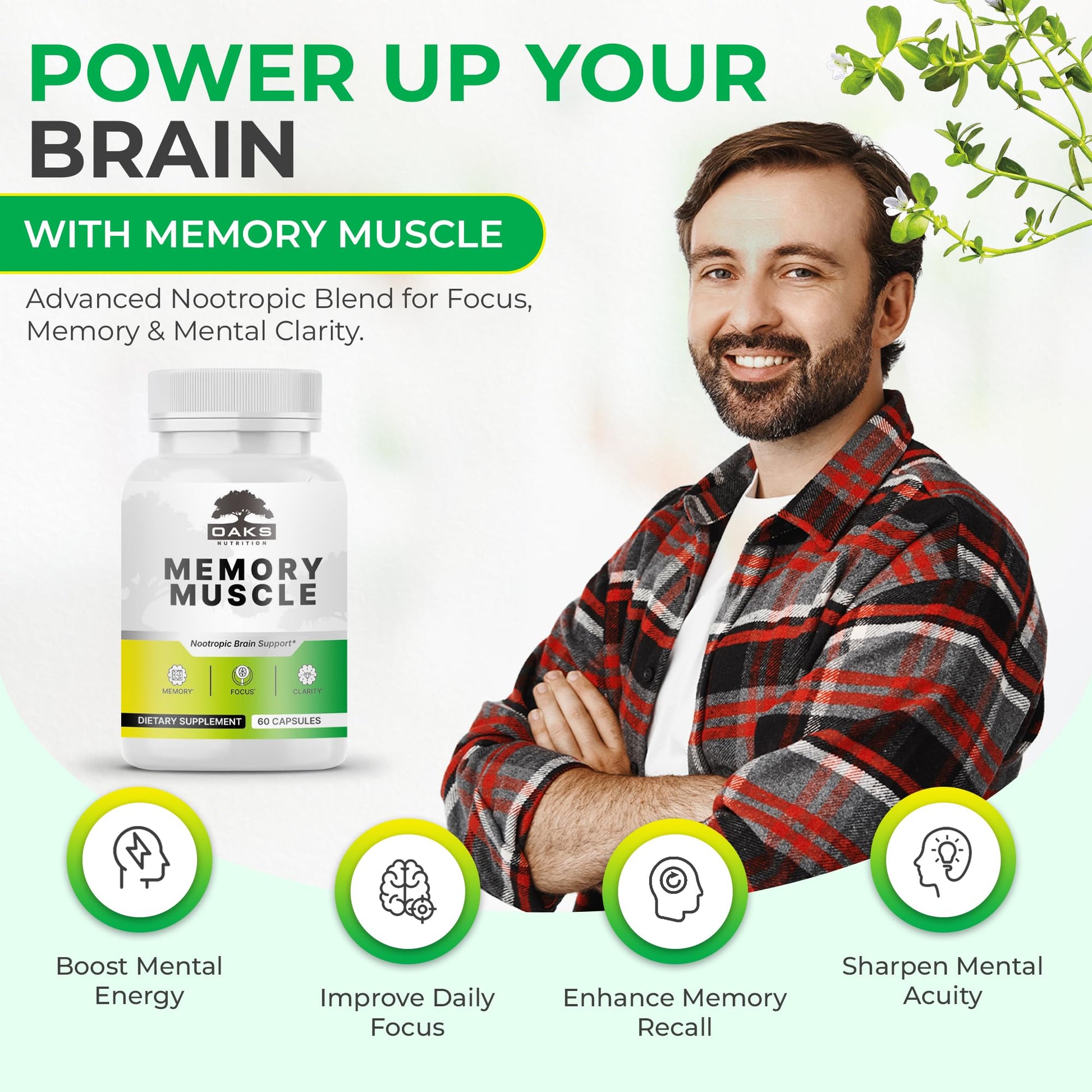 Memory Muscle – Advanced Nootropic Brain Supplement with Vitamin B12, Bacopa Monnieri & DMAE for Focus, Memory, Mental Clarity & Clean Energy – Premium Cognitive Support Formula Oaks Nutrition uk supplements