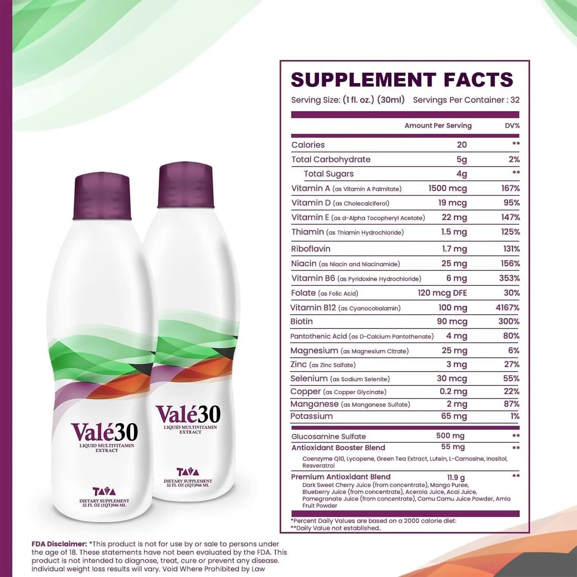 TAVA Valé30 - Liquid Multivitamin - 30-Day Supplement with Vitamin A and B Complex for Men, Women, and Family, Daily Boost Drink - 2 Bottles TAVA uk supplements