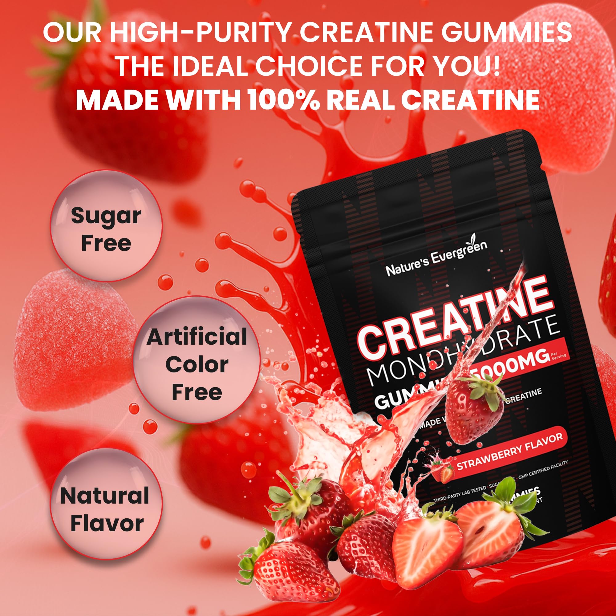 Creatine Monohydrate 5000mg Gummies, Pre-Workout 5g Creatine Gummy Supplement for Men & Women: Muscle Builder & Energy Boost, Sugar Free, Vegan, Strawberry Flavor, (120 Count) Made in USA Nature's Evergreen uk supplements