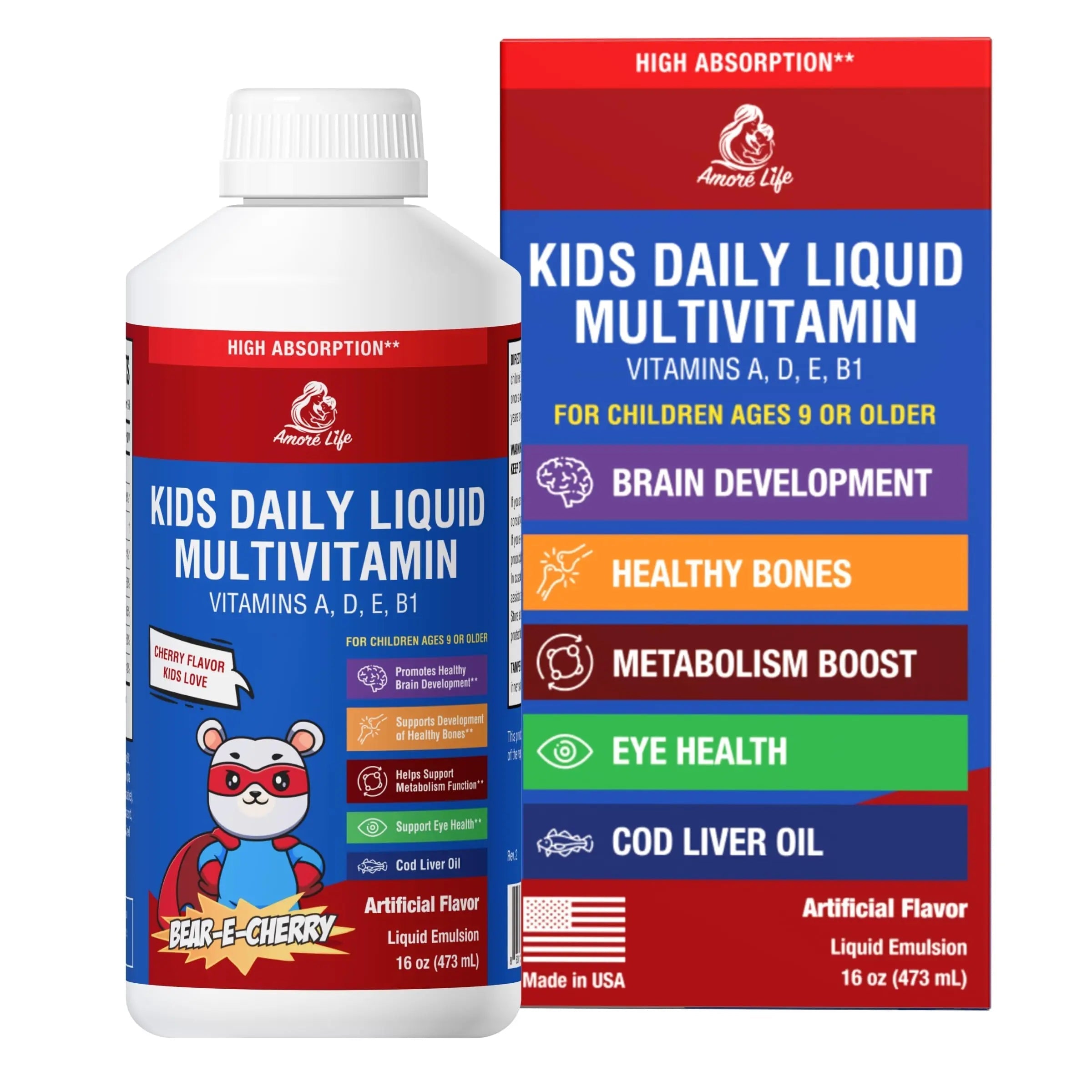 Amore Life Daily Liquid Multivitamin for Kids, High Absorption with Liquid Vitamin A, D, E, B1 and Cod Liver Oil for Kids Amore Life uk supplements