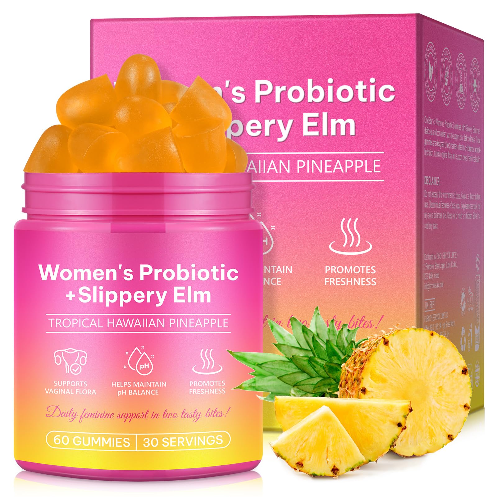 WeiWeiLa Feminine Probiotics Gummies for Women Probiotic Gummies with Slippery Elm | Natural Pineapple Flavor | Supports Feminine pH Balance & Comfort | 60 Vegan Gummie for Daily Wellness WeiWeiLa uk supplements