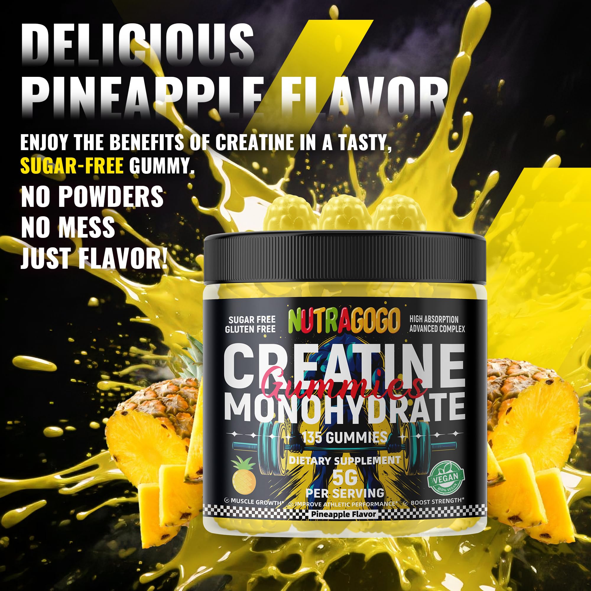 NUTRAGOGO NSF Certified Creatine Gummy - Creatine Monohydrate Gummies for Men & Women-5g of Creatine Monohydrate per Serving - Sugar Free,Vegan, Pineapple Electrolyte Chews, 135 Count NUTRAGOGO uk supplements