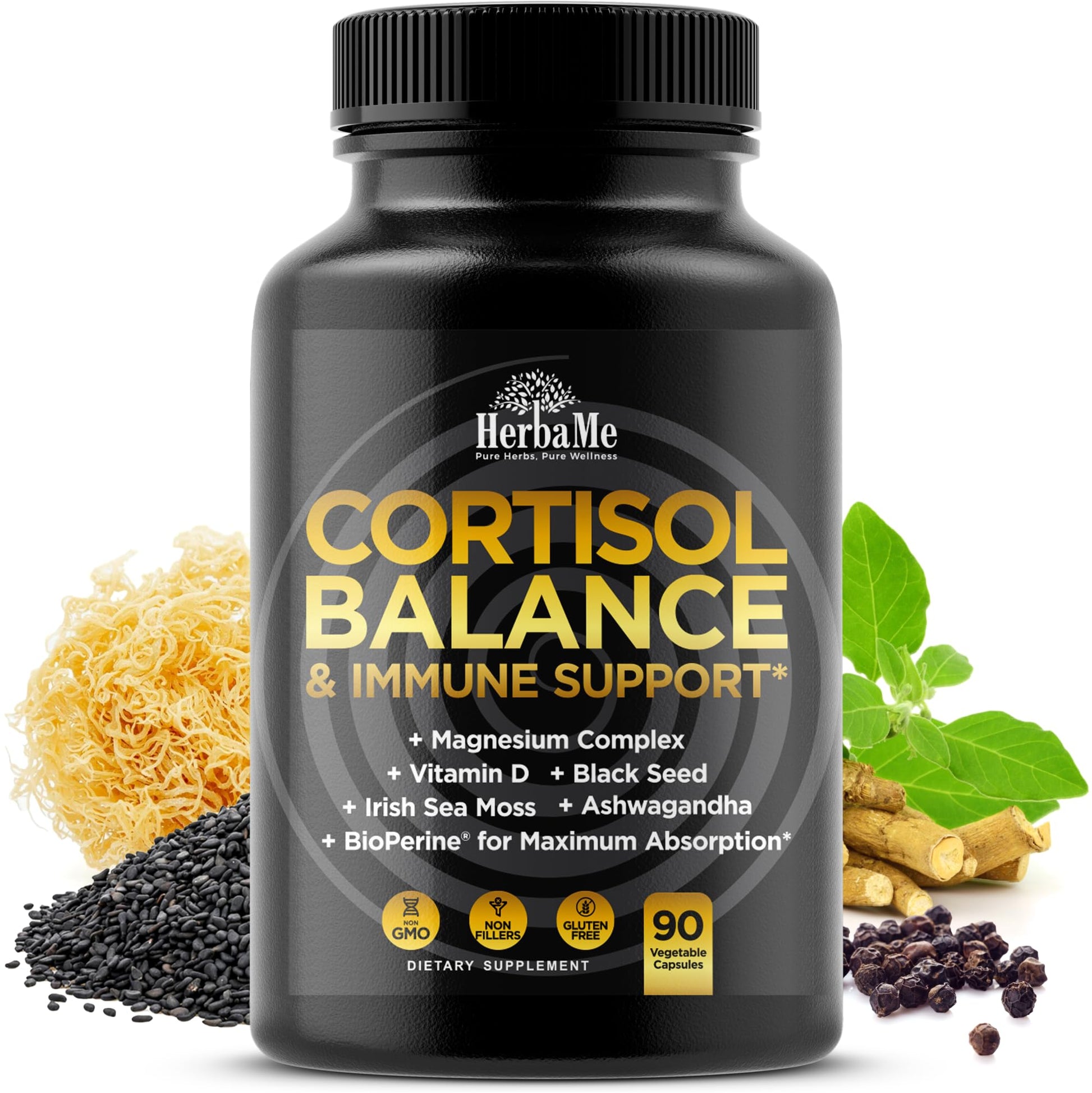 Cortisol Balance and Immune Support Supplement with Ashwagandha, Irish Sea Moss, Black Seed, Vitamin D and Magnesium Complex | Mood Enhancer | Immunity Booster | Stress Relief Pills | 90 Capsules HerbaMe uk supplements