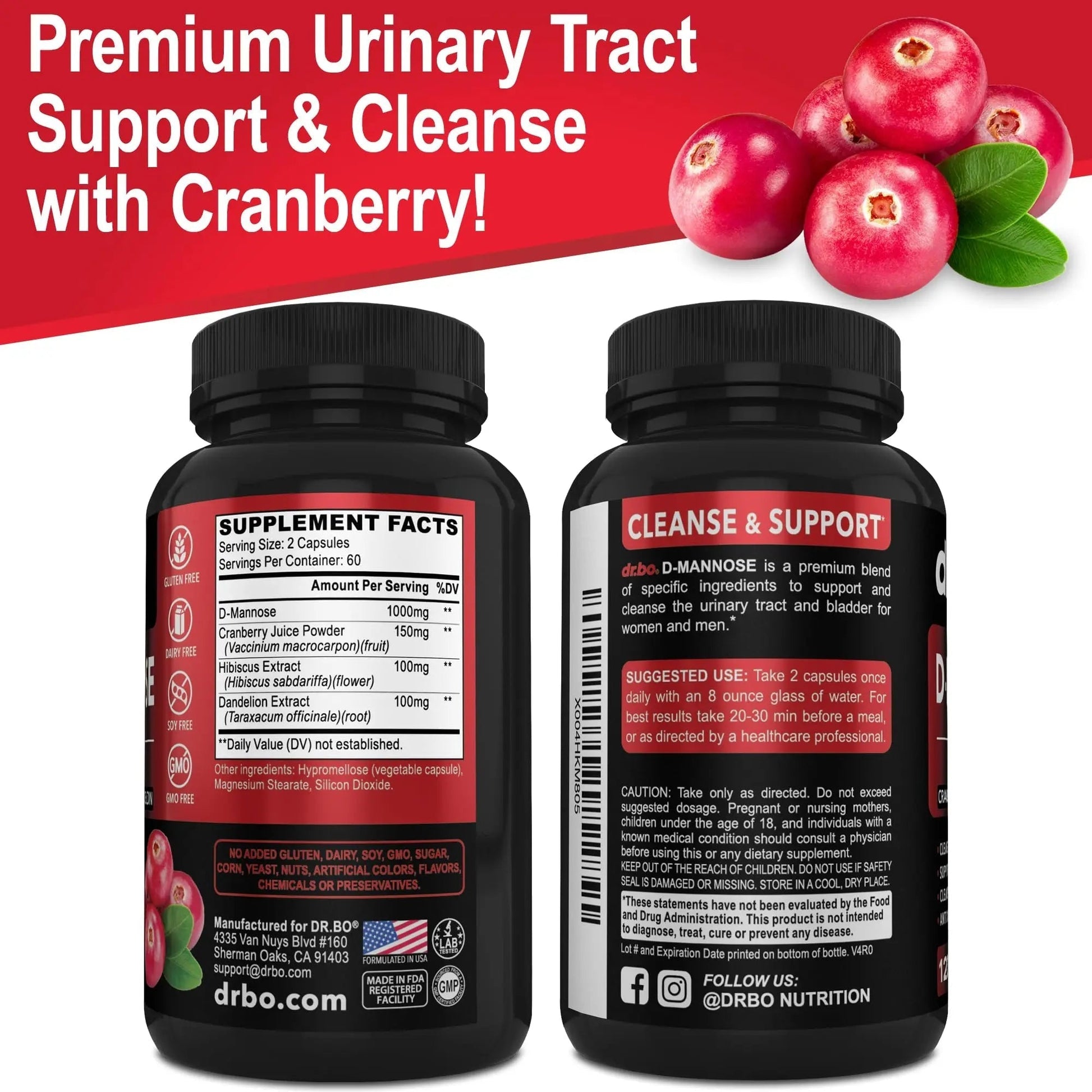 D Mannose Supplements for Women Pills - Natural D-Mannose 500mg Capsules, Cranberry DMannose Pills 1000mg Per Serving - Bladder Flush & Urinary Tract Cleanse Health Supplement - 120 Veg Capsules DR. BO uk supplements