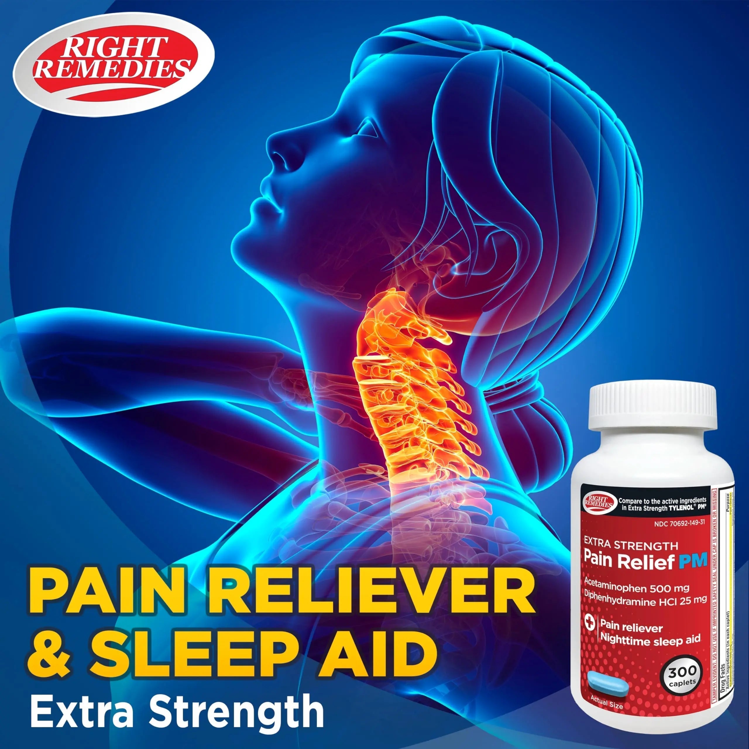 Right Remedies Extra Strength Pain Relief PM & Nighttime Sleep Aid Caplets,(300 count), Acetaminophen 500 mg & Diphenhydramine HCl 25 mg, Non-Habit Forming, Compare to Active ingredients of Tylenol PM RIGHT REMEDIES uk supplements