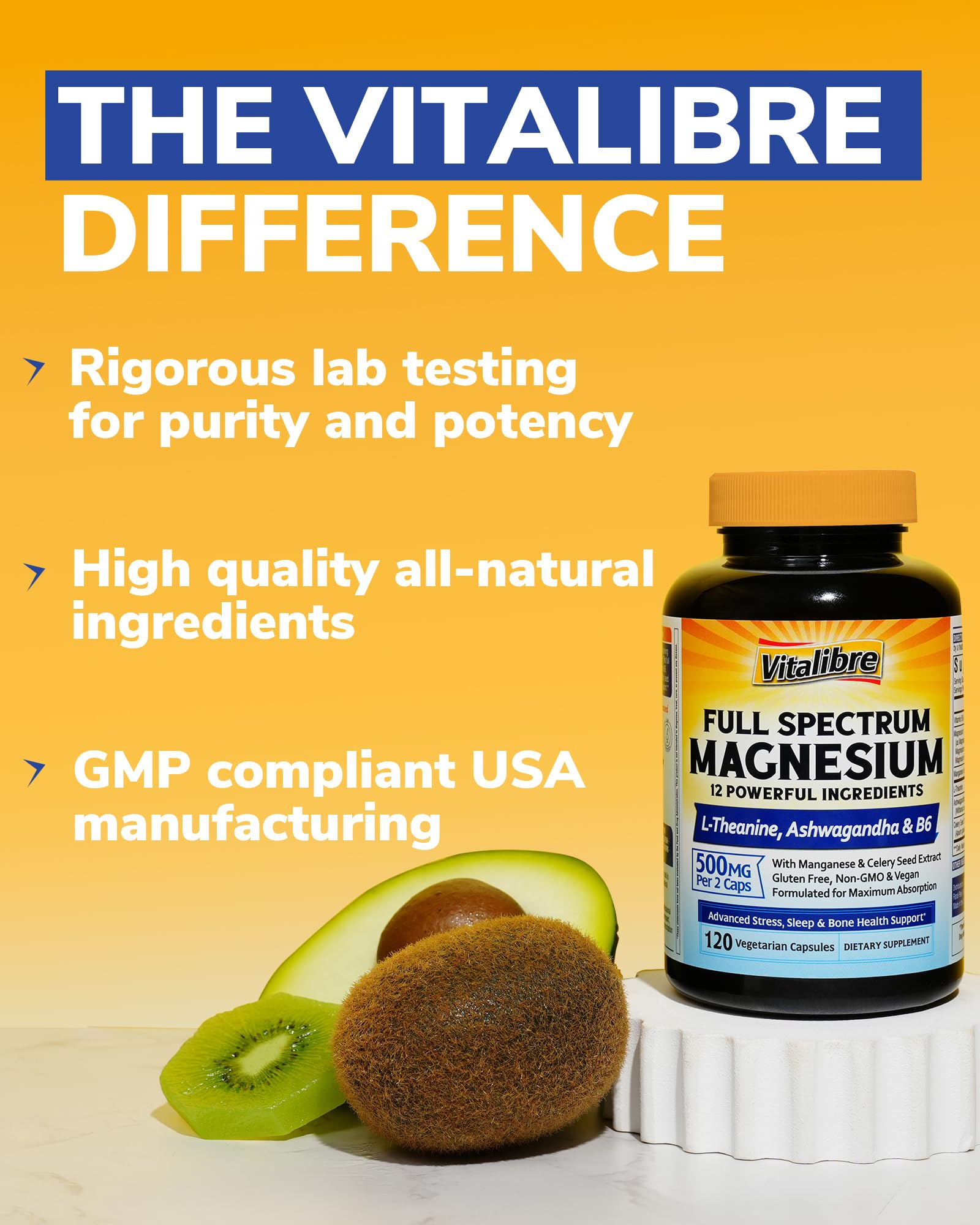 Vitalibre Magnesium Complex Supplement 500mg + Ashwagandha, L-Theanine, Vitamin B6 & Celery, High Absorption Magnesium Glycinate, Citrate, Malate, Sleep & Bone Support, 120 Vegan Capsules Vitalibre uk supplements