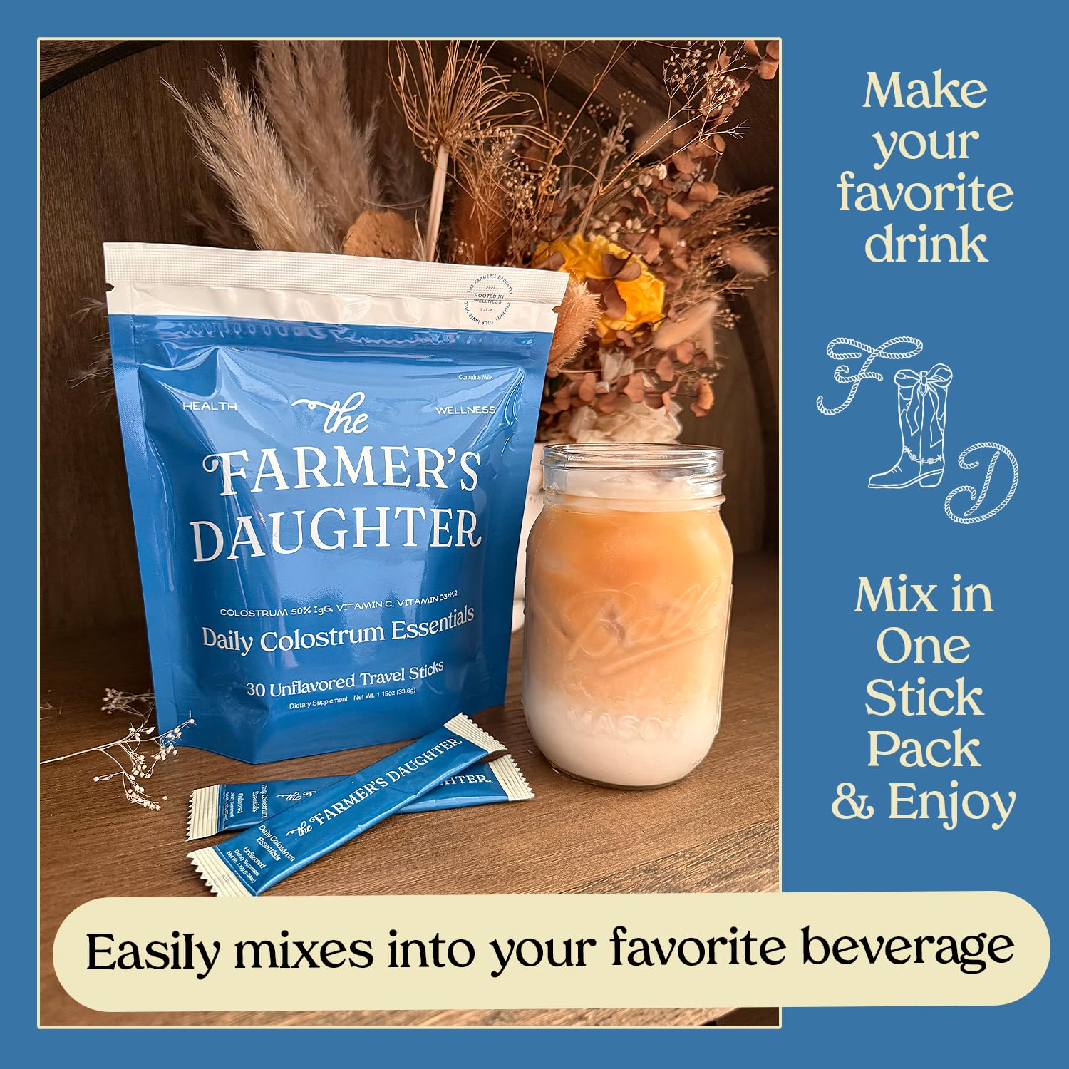 THE FARMER'S DAUGHTER Colostrum Powder | Unflavored | Gut Health & Bloating | Hair, Skin & Nails | Immunity Supplement | 30 Individual Travel Stick Packs THE FARMER'S DAUGHTER uk supplements