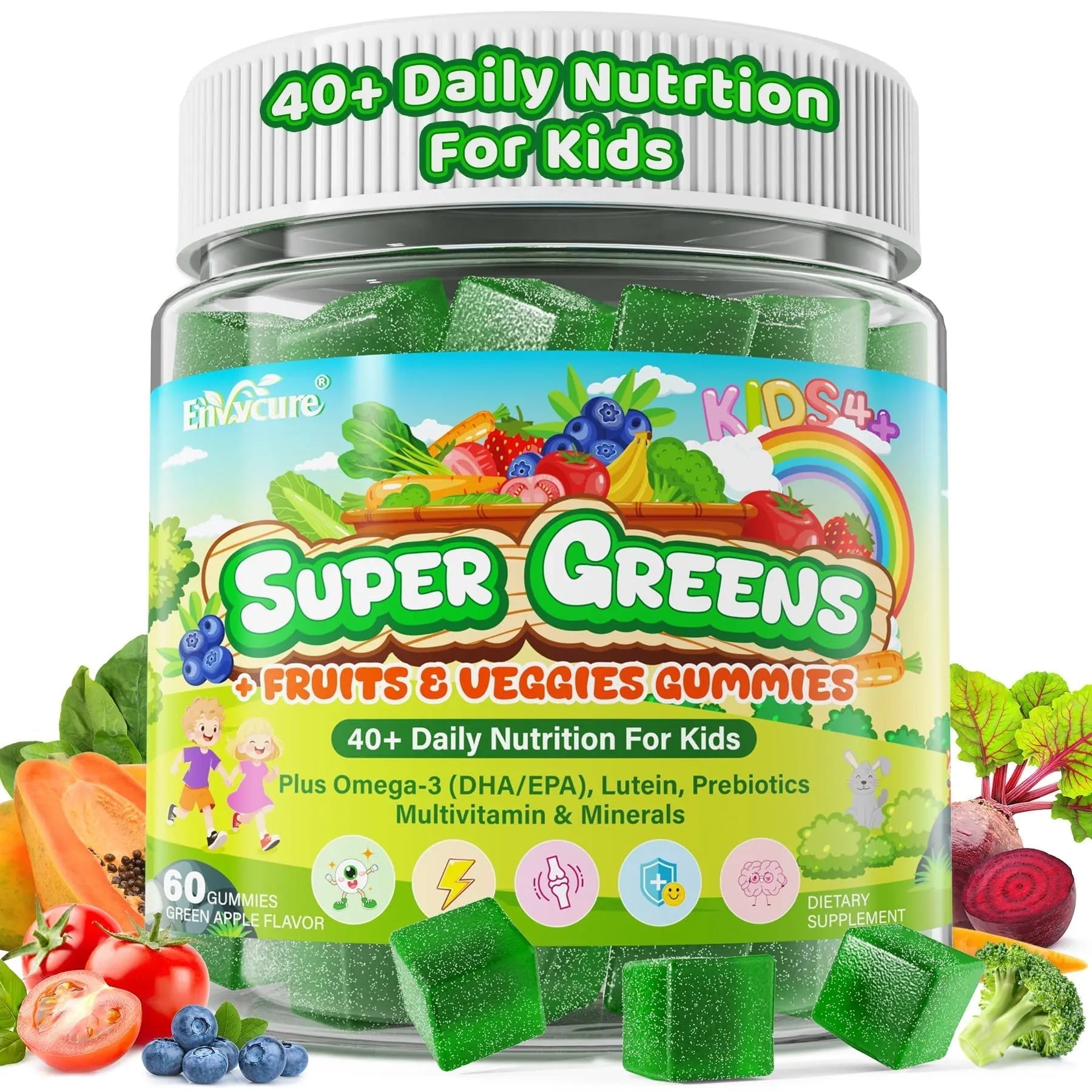 Kids Super Greens Gummies, w/Multivitamins, Spirulina, Chlorella, Spinach, Broccoli, Calcium, Omega-3 (DHA/EPA) EnvyCure uk supplements
