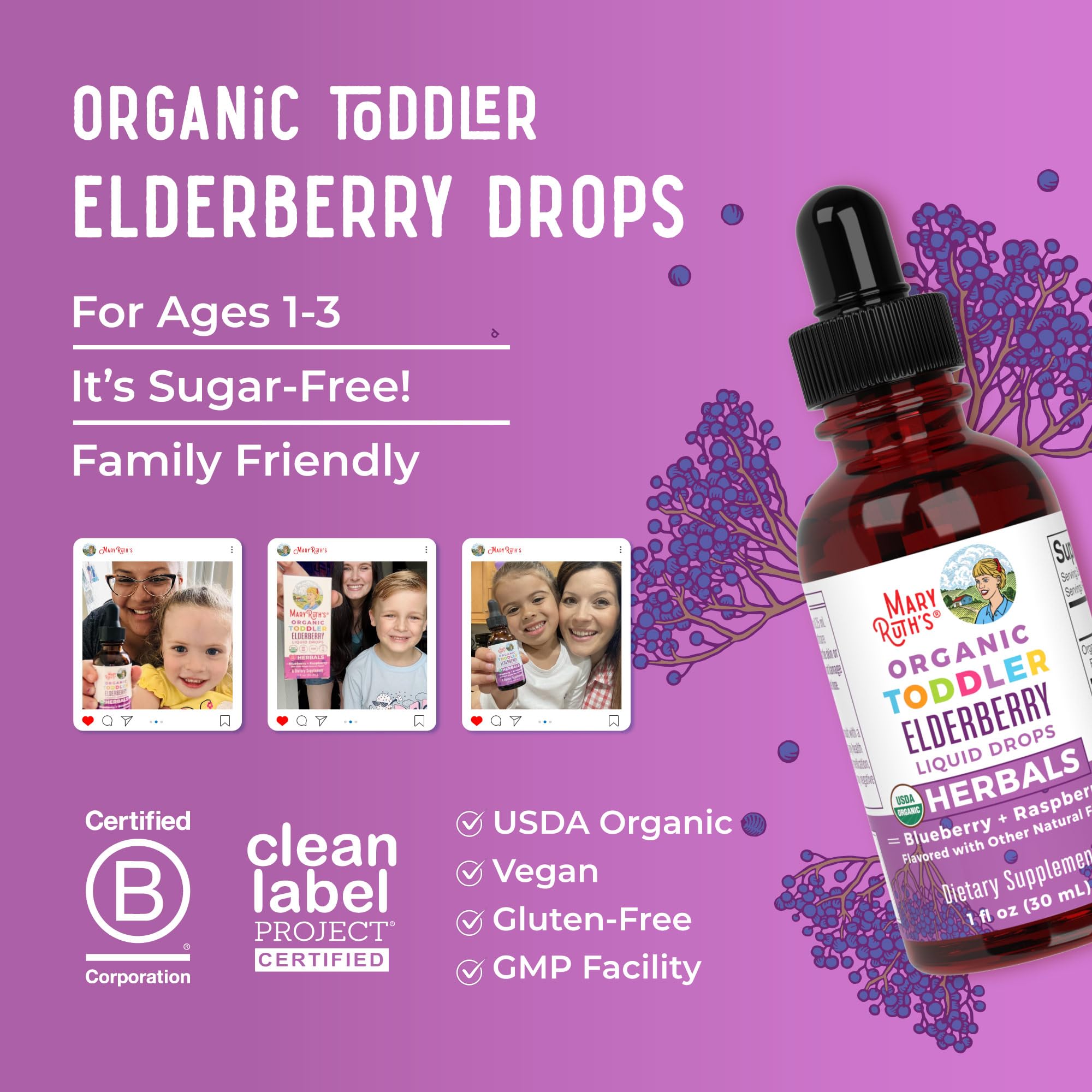 MaryRuth Organics Toddler Elderberry Syrup, USDA Organic Elderberry, Sugar Free Kids Immune Support Supplement for Ages 1-3 Years, Clean Label Project Verified®, Vegan, Non-GMO, Gluten Free, 1 Fl Oz MARYRUTH'S uk supplements