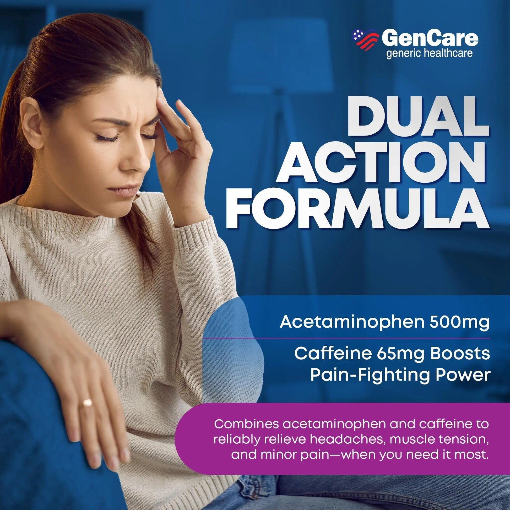 GenCare - Tension Headache Relief Pain Reliever with Acetaminophen 500 mg & Caffeine 65 mg (200 Caplets) Best Value Bulk Extra Strength for Head, Migraine, Joint Pain & Body Ache Relief Medicine GenCare uk supplements