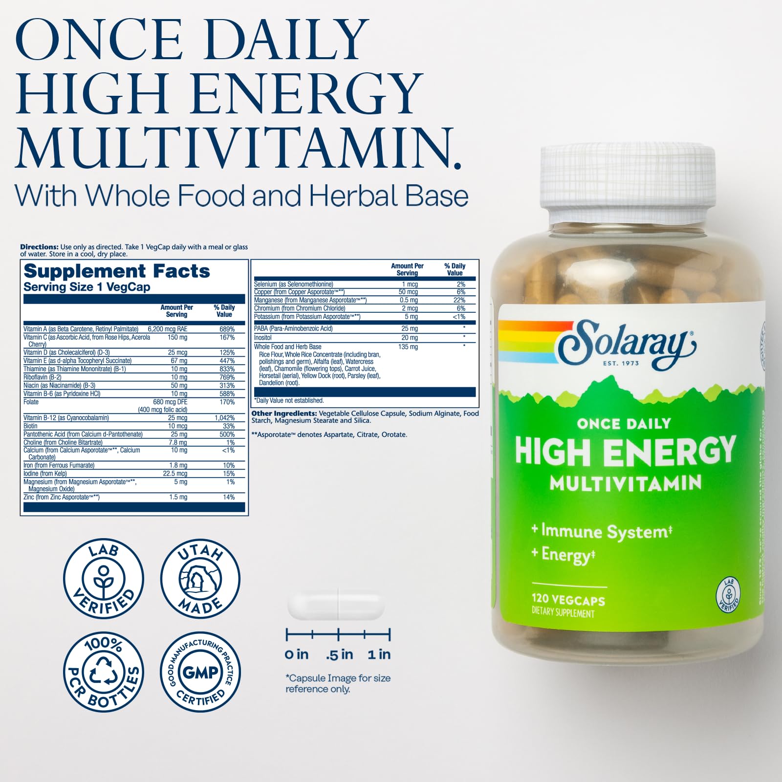 SOLARAY Once Daily High Energy Multivitamin for Women and Men - Energy Supplements - Immune Support w/Vitamin C, A, D and E, Vitamin B Complex SOLARAY uk supplements