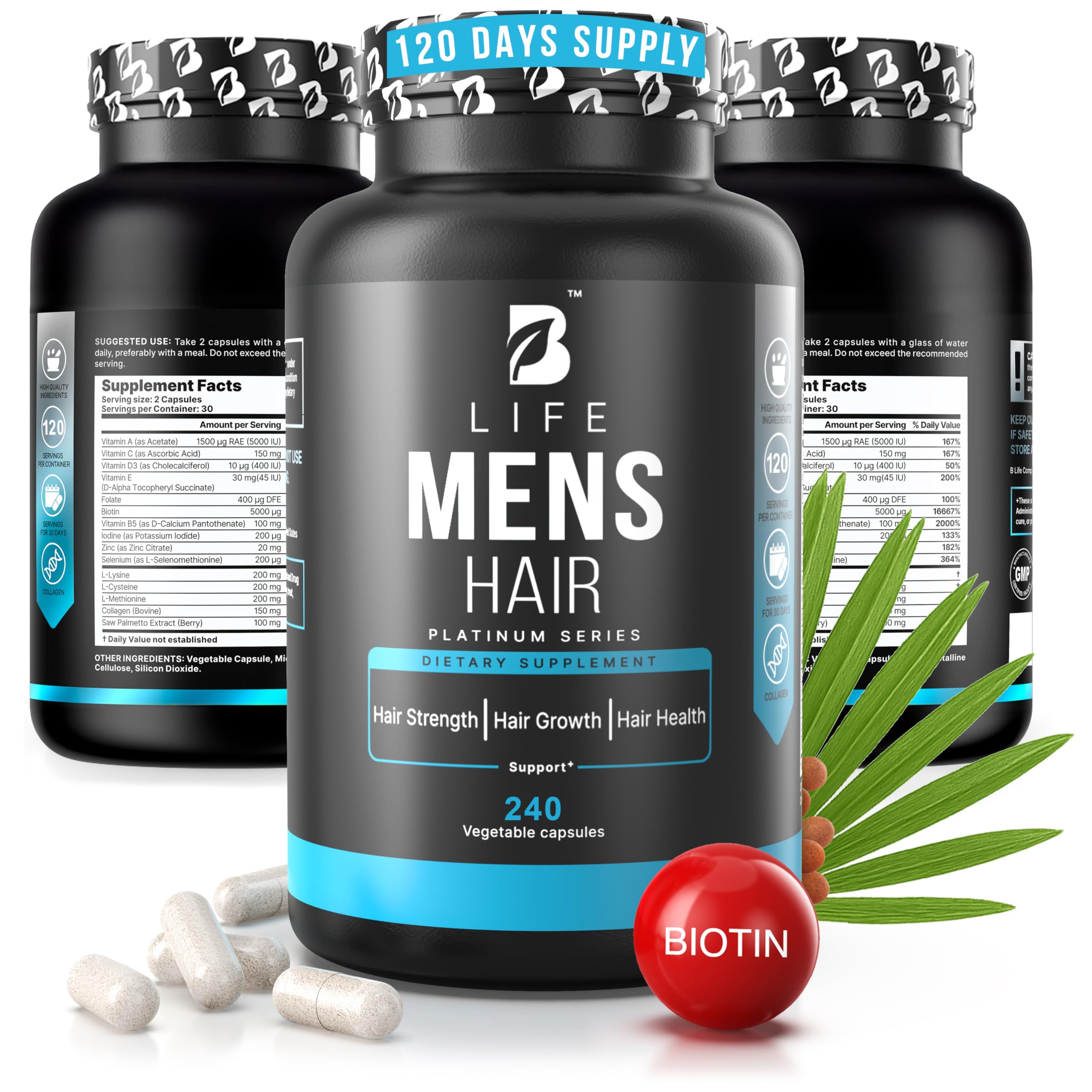 Men’s Hair Growth Supplement – Biotin & Collagen Hair Vitamins for Men – Thicker, Fuller Hair, Nail & Scalp Support – Hair Loss Supplement with Zinc, Selenium & Vitamins A C D E – 240 Capsules B Life Company uk supplements