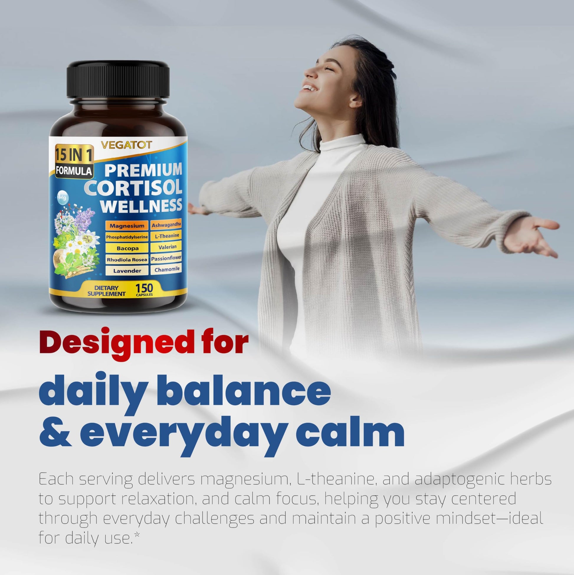 VEGATOT Organic Cortisol Wellness Complex 15-in-1 Formula with Magnesium Ashwagandha St. John's Wort Valerian Rhodiola Rosea Passionflower Chamomile VEGATOT uk supplements