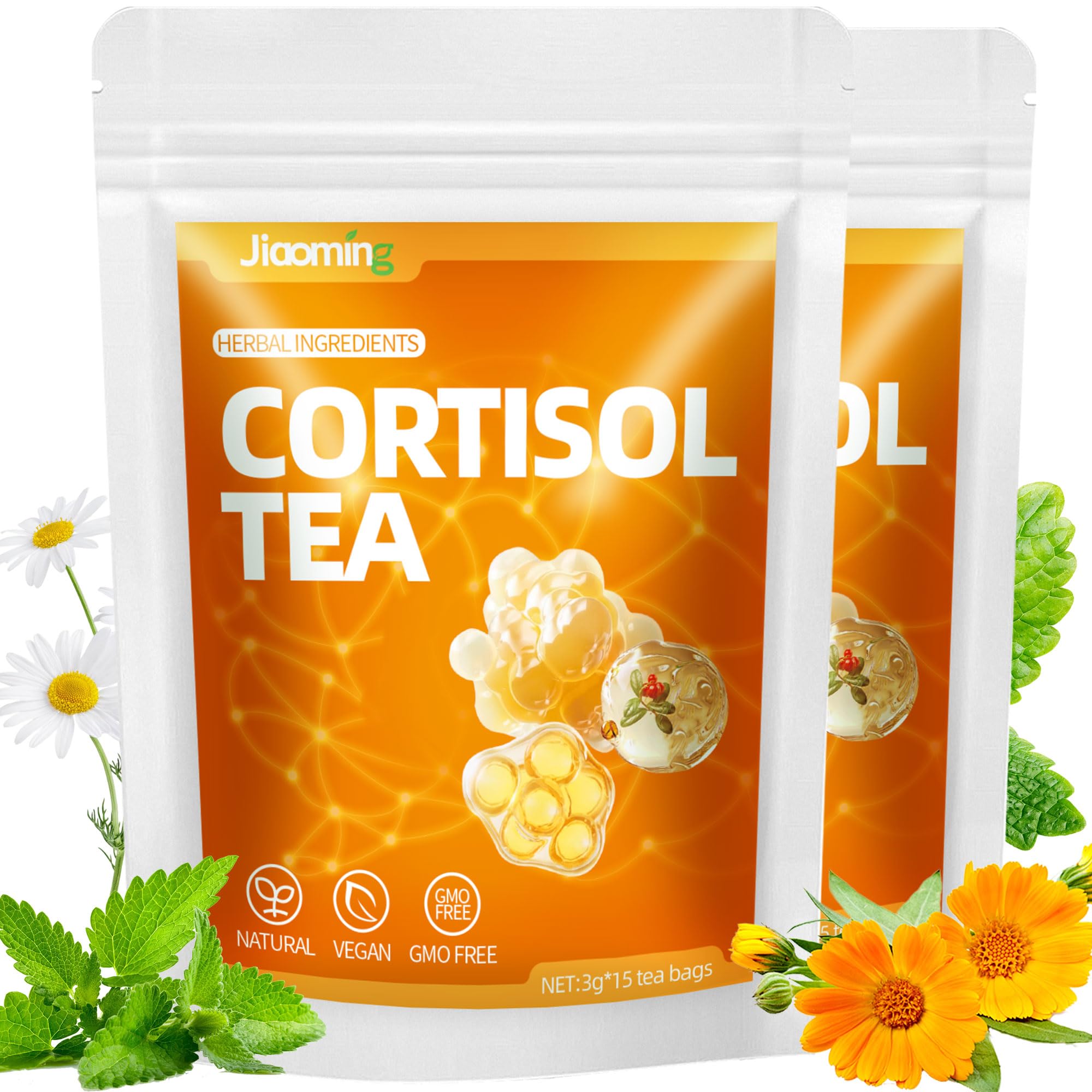 JIAOMING 2 Packs Natural Cortisol Reducing Tea, Healthy Cortisol Levels & Mental Clarity, Loose Leaf Detox Drink Teabags with Ashwagandha for Men and Women Sleep Time Relaxation, Mood Swing Reducer Jiaoming uk supplements