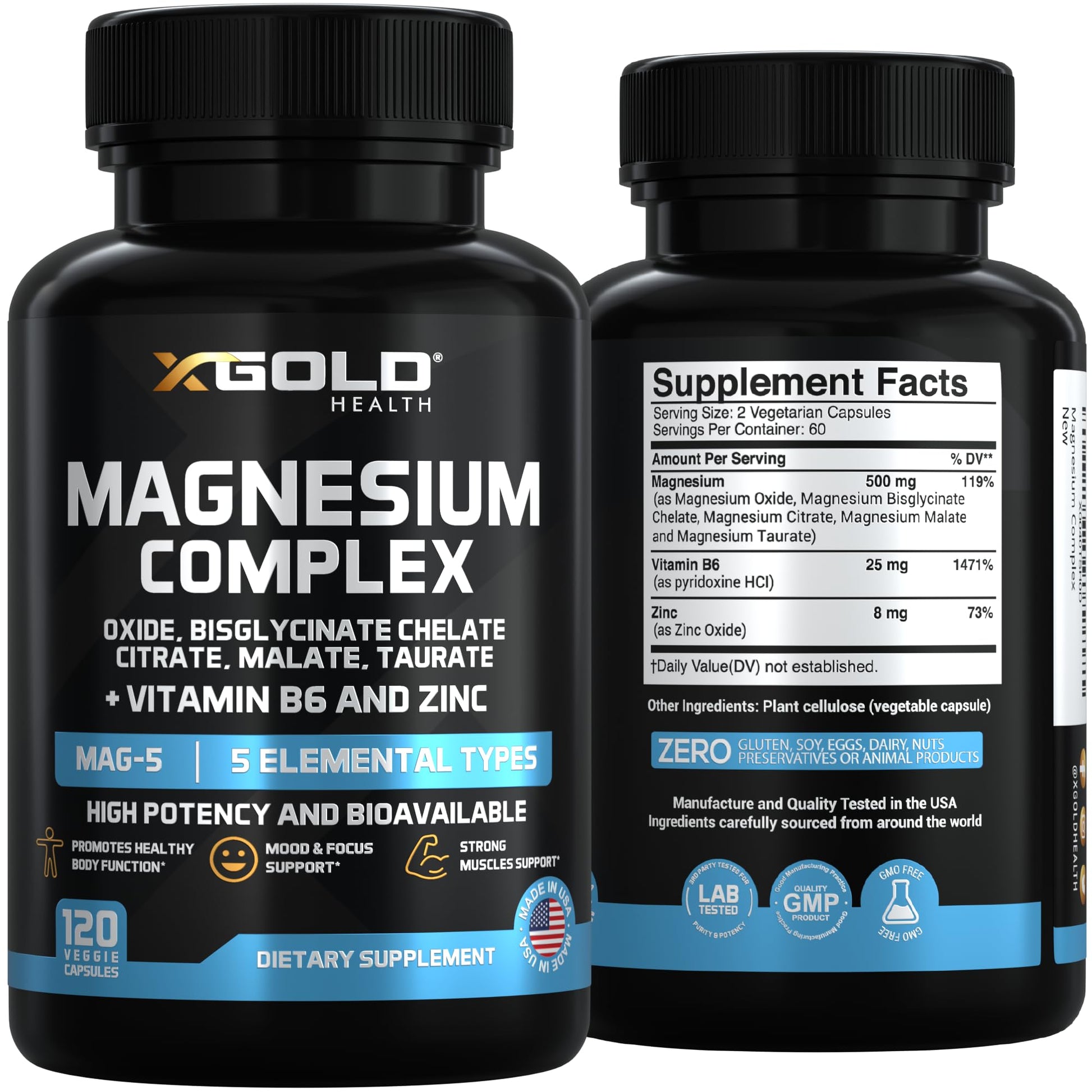 X Gold Health Magnesium Complex 5-in-1 with Zinc & B6 High Absorption Capsules (Glycinate, Citrate, Malate, Taurate, Oxide) Muscle Recovery, Energy, Sleep Support & Immune Health 500mg Made in USA X Gold Health uk supplements