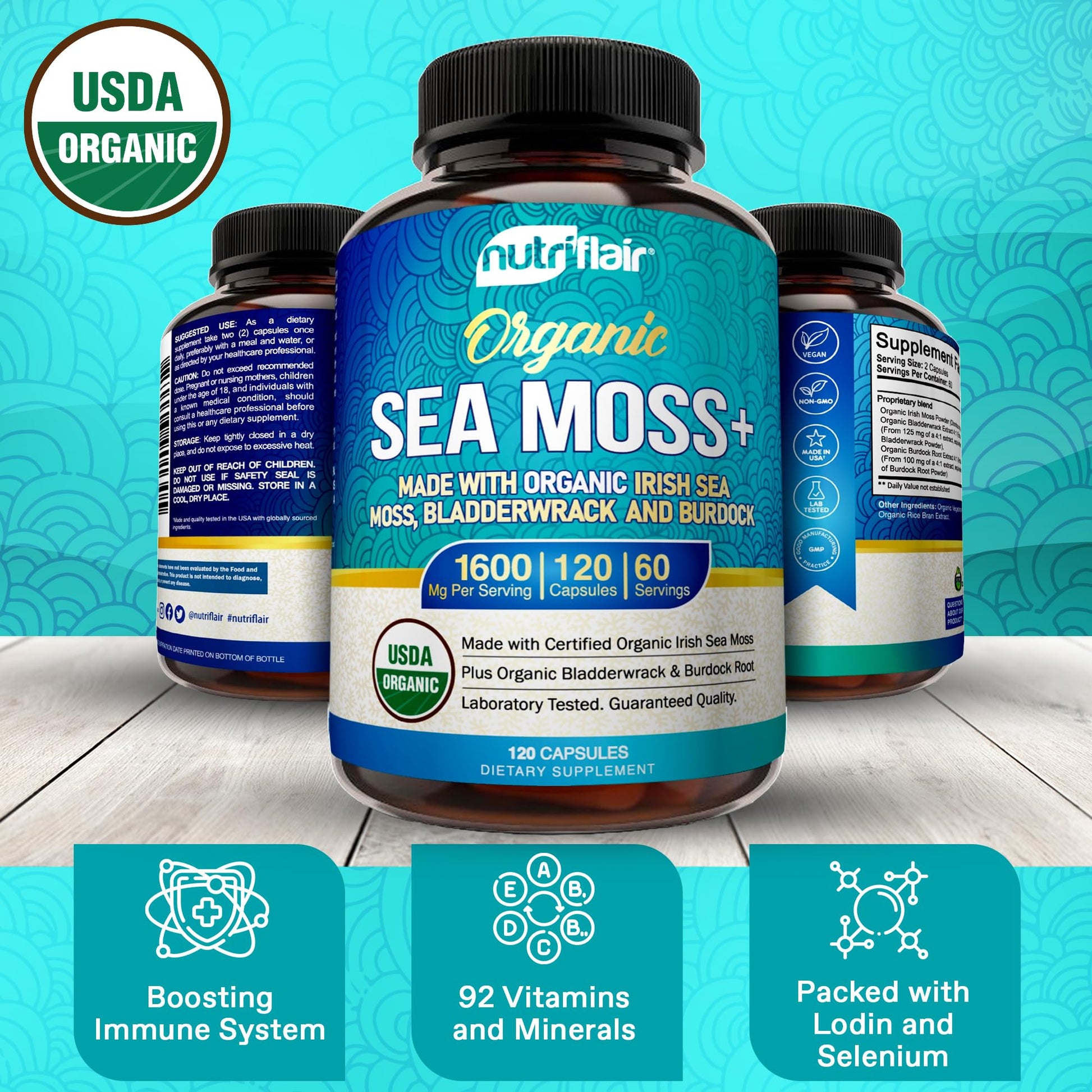 NutriFlair Organic Sea Moss 1600mg, 120 Capsules Plus Bladderwrack & Burdock - Prebiotic Super Food - Immune System & Digestive Health - Thyroid, Healthy Skin, Keto Detox, Gut NutriFlair uk supplements