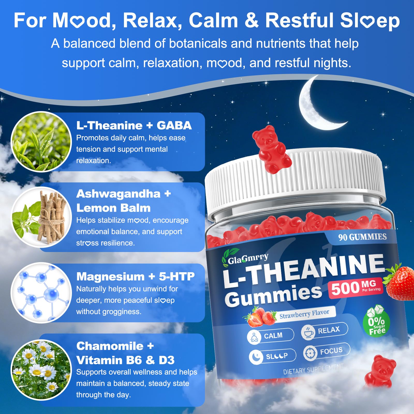GlaGmrry 90 Count | L Theanine Gummies, L Theanine Supplement for Adults & Kids, w/Ashwagandha, Magnesium, GABA & 5-HTP, Sugar Free Liposomal Formula for Calm Relax zzZ M♡♡d & Focus, Vegan GlaGmrry uk supplements