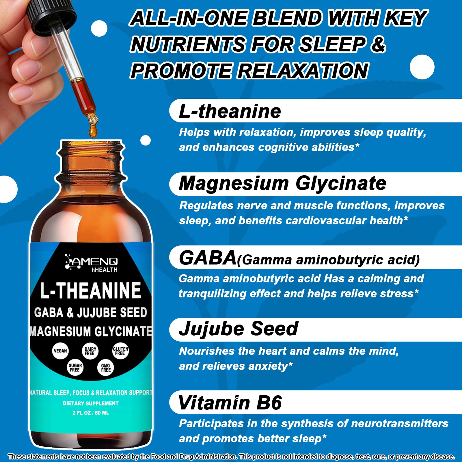 L Theanine Liquid Drops - Double Strength L-Theanine 200mg for Adults & Kids, Fast Absorption Gaba L-Theanine Supplements w. Magnesium & Jujube Seed for Nerve & Sleep, Relaxation & Mood Support丨Vegan AMENQ hHEALTH uk supplements