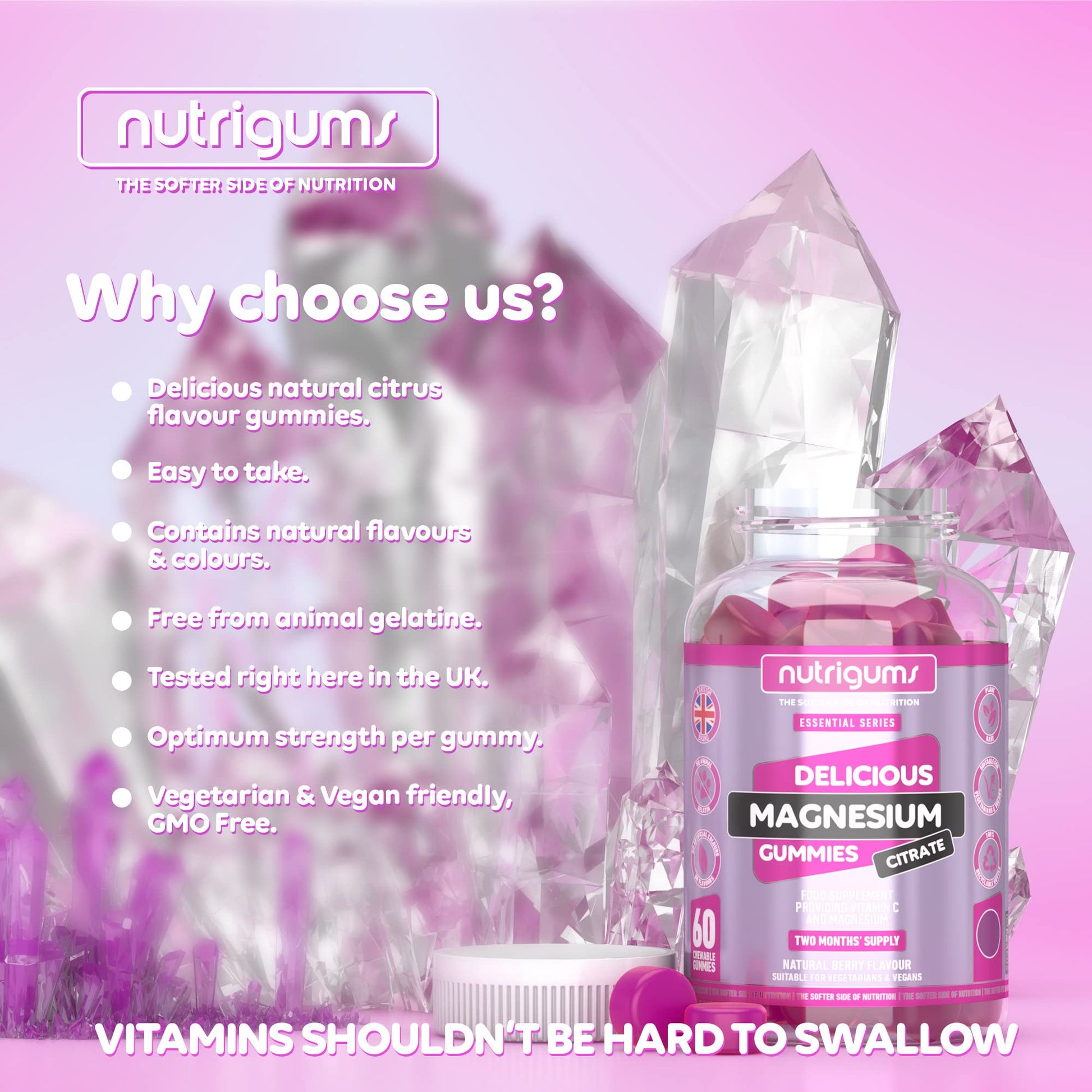 Magnesium Citrate 1250mg & Vitamin C Gummy | Mixed Berry Flavour | 60 Vegan Gummies Nutrigums uk supplements