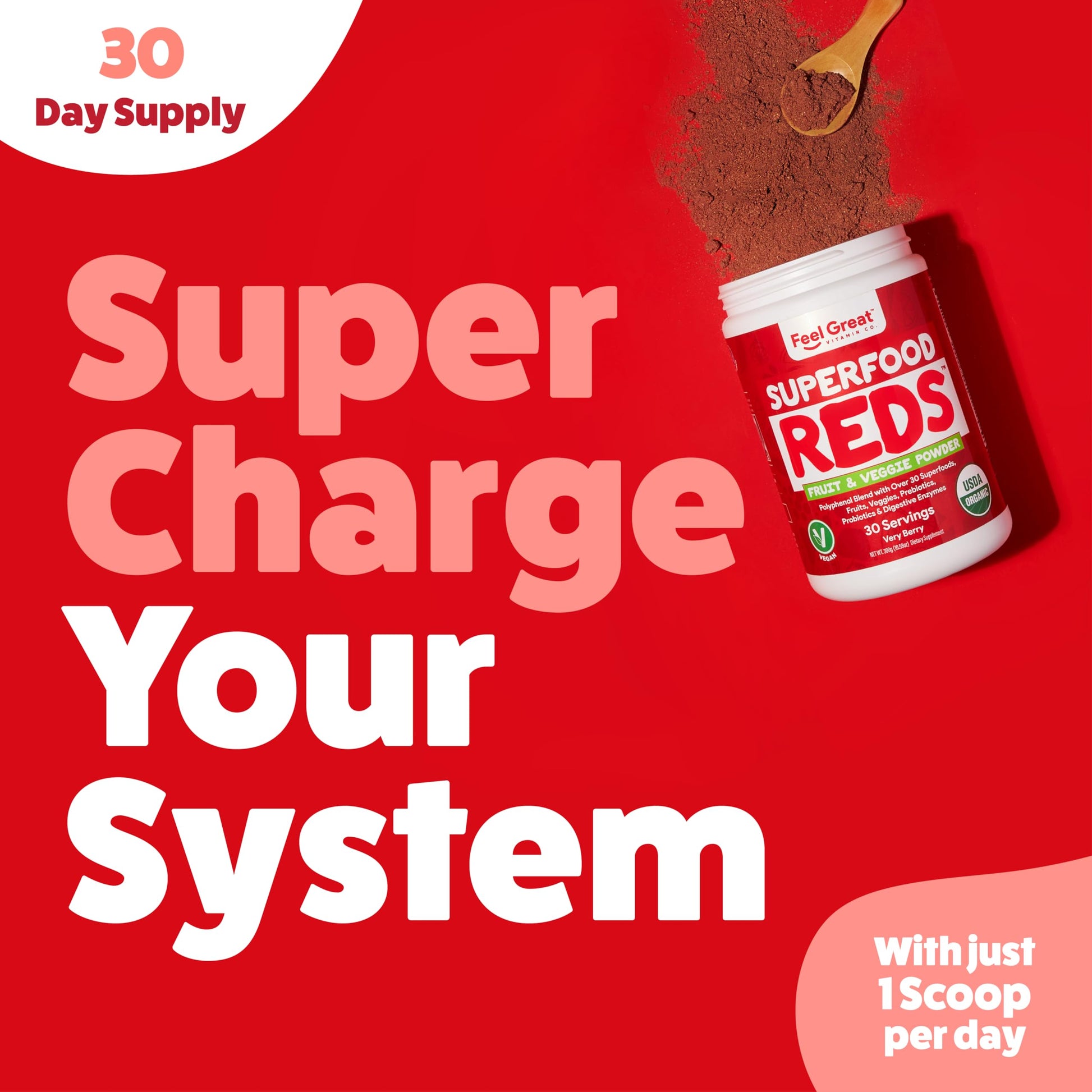 Feel Great Organic Superfood Reds Powder Packed with Beet Root Powder | Digestive Support Including Bloating Relief | Fruit and Veggie Polyphenols Supplement. The Feel Great Vitamin Company uk supplements