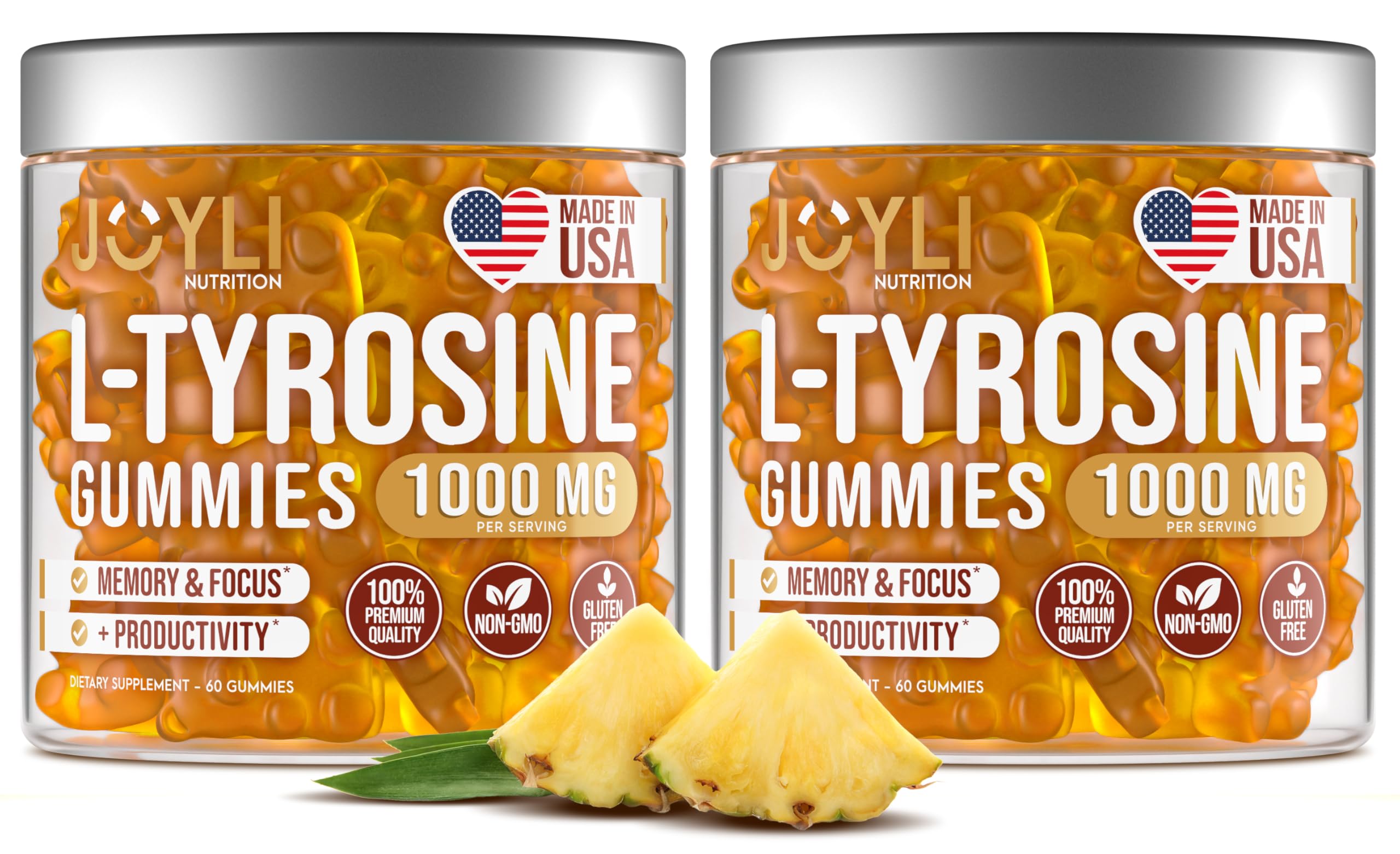 2 Pack - JOYLI L-Tyrosine Gummies 1000MG – Sugar-Free Vegan Focus Supplement & Mood Support for Kids & Adults – 500mg Per Gummy – Sleep Gummies for Memory, Energy & Wellness – 60 Pcs per Pack JOYLI Nutrition uk supplements