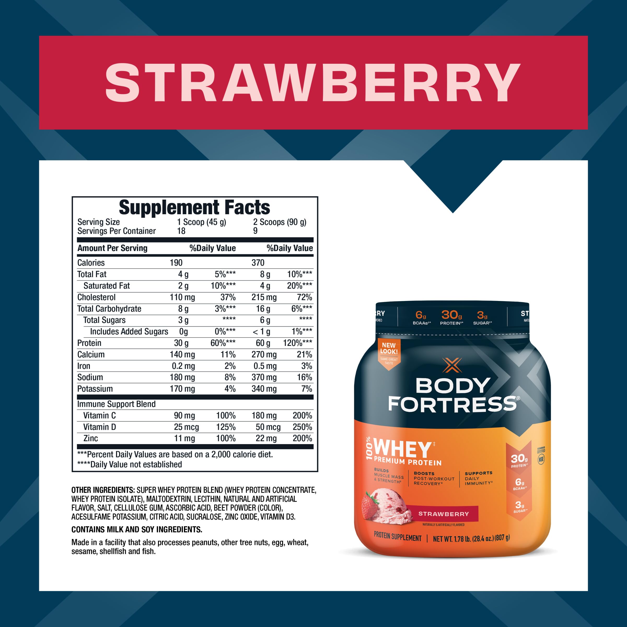 Body Fortress 100% Whey, Premium Protein Powder, Strawberry, 1.78lbs Packaging May Body Fortress uk supplements