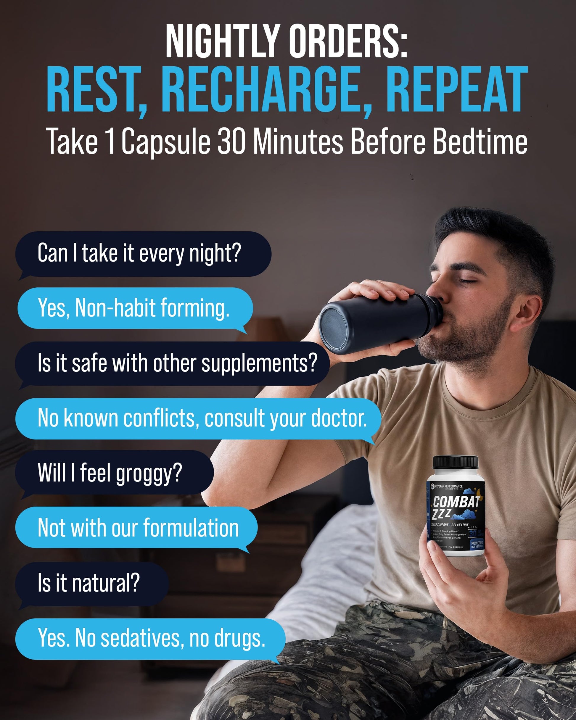 Combat ZZZ 4-in-1 Sleep Aid with Melatonin, Magnesium & L-Theanine – Non-Groggy Formula for Deep Sleep & Restful Recovery – Veteran-Founded, Made in USA (60 Capsules) | Sleep Aid for Adults Veteran Performance uk supplements