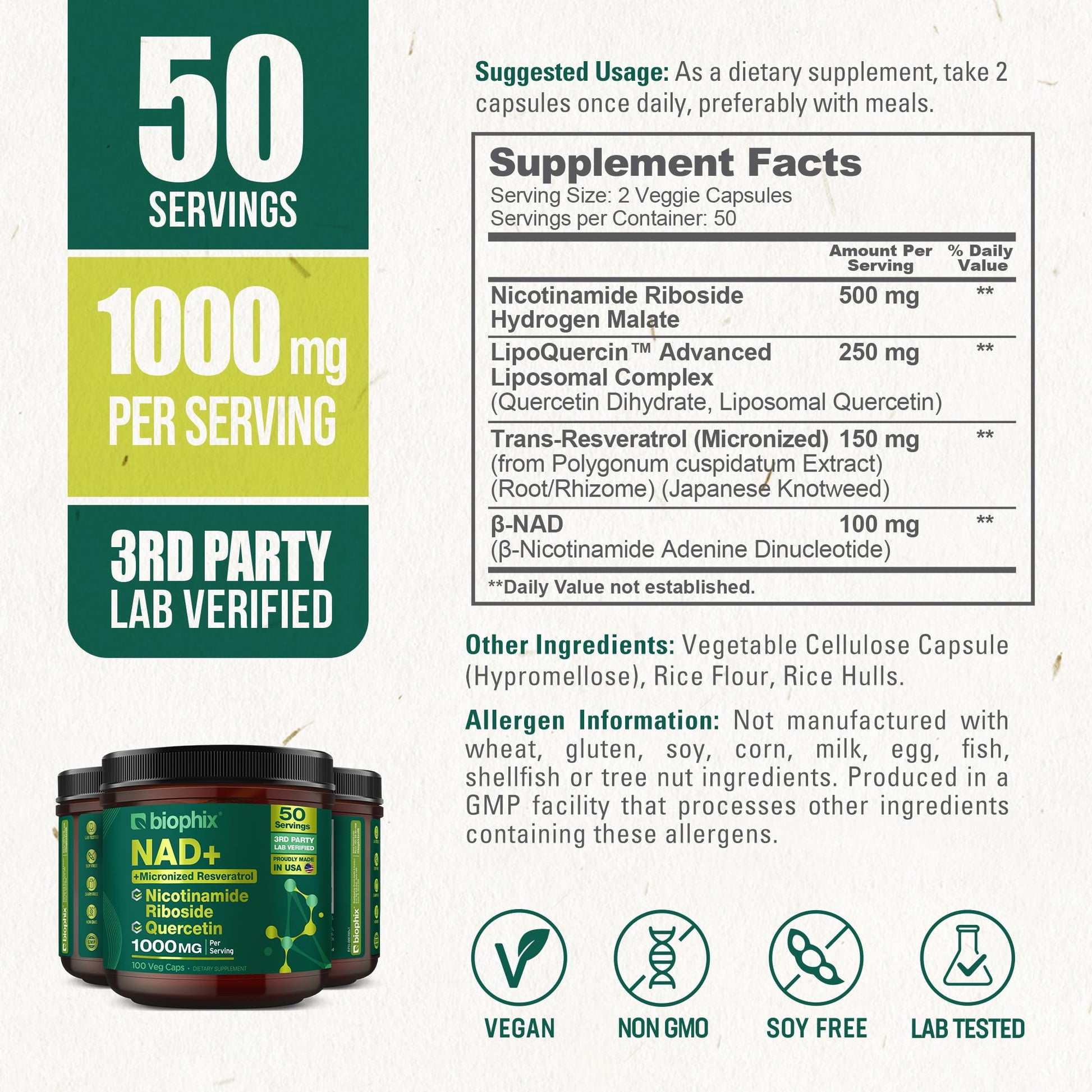 biophix NAD+ Liposomal Supplement for Women & Men - 1000 mg per Serving - Nicotinamide Riboside, Micronized Resveratrol & Quercetin Complex - 100 Veg Capsules - Non-GMO, Gluten-Free, cGMP Certified biophix uk supplements