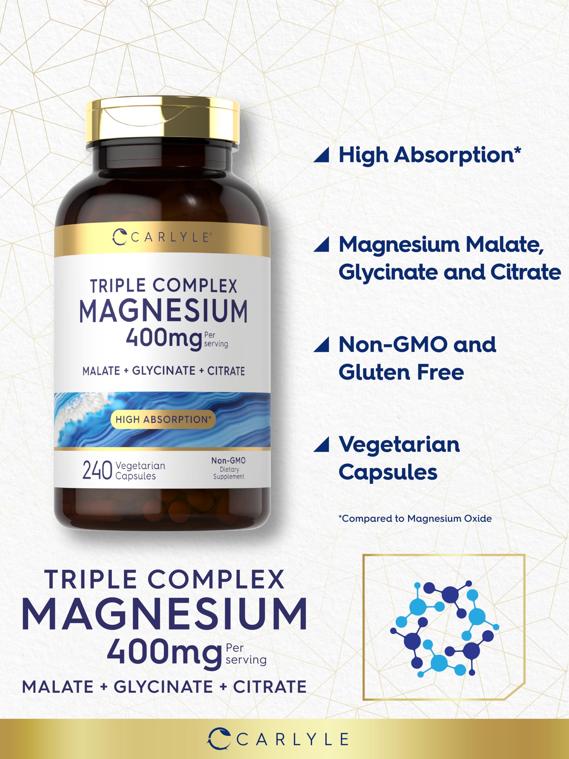 Carlyle Triple Magnesium Complex | 400 mg | 240 Capsules | Magnesium Malate, Glycinate & Citrate | Vegetarian, Non-GMO, and Gluten Free Supplement Carlyle uk supplements