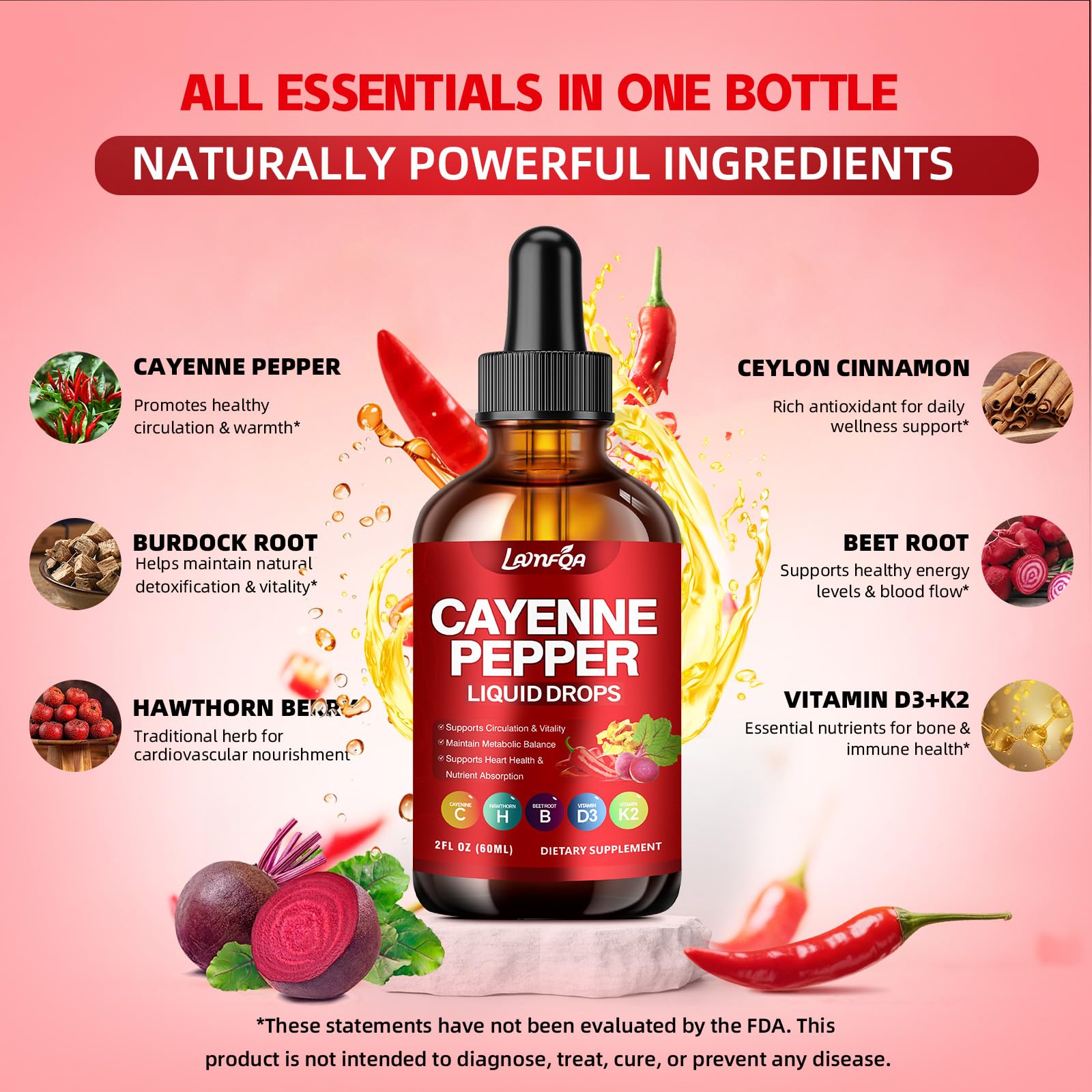 Cayenne Pepper Liquid Drops - Potent Blend with Hawthorn Berry, Turmeric Curcumin, Vitamin D3 K2, Beet Root & Panax Ginseng - Vegan, Non-GMO, High Absorbed Gentle Formula - 2 OZ LAMFQA uk supplements