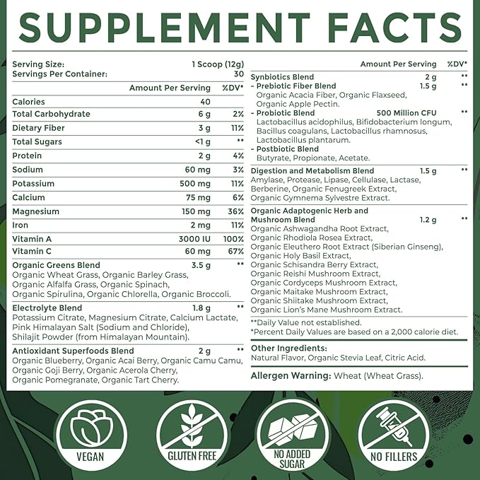 Super Greens Powder Superfood + Electrolytes & Tonic Herbs | Organic Greens, Shilajit, Adaptogens, Antioxidants, Preobiotic & Probiotic & Postbiotic| for Energy, Gut & Immune| Unflavored - 30 Servings Sundhedsliv uk supplements