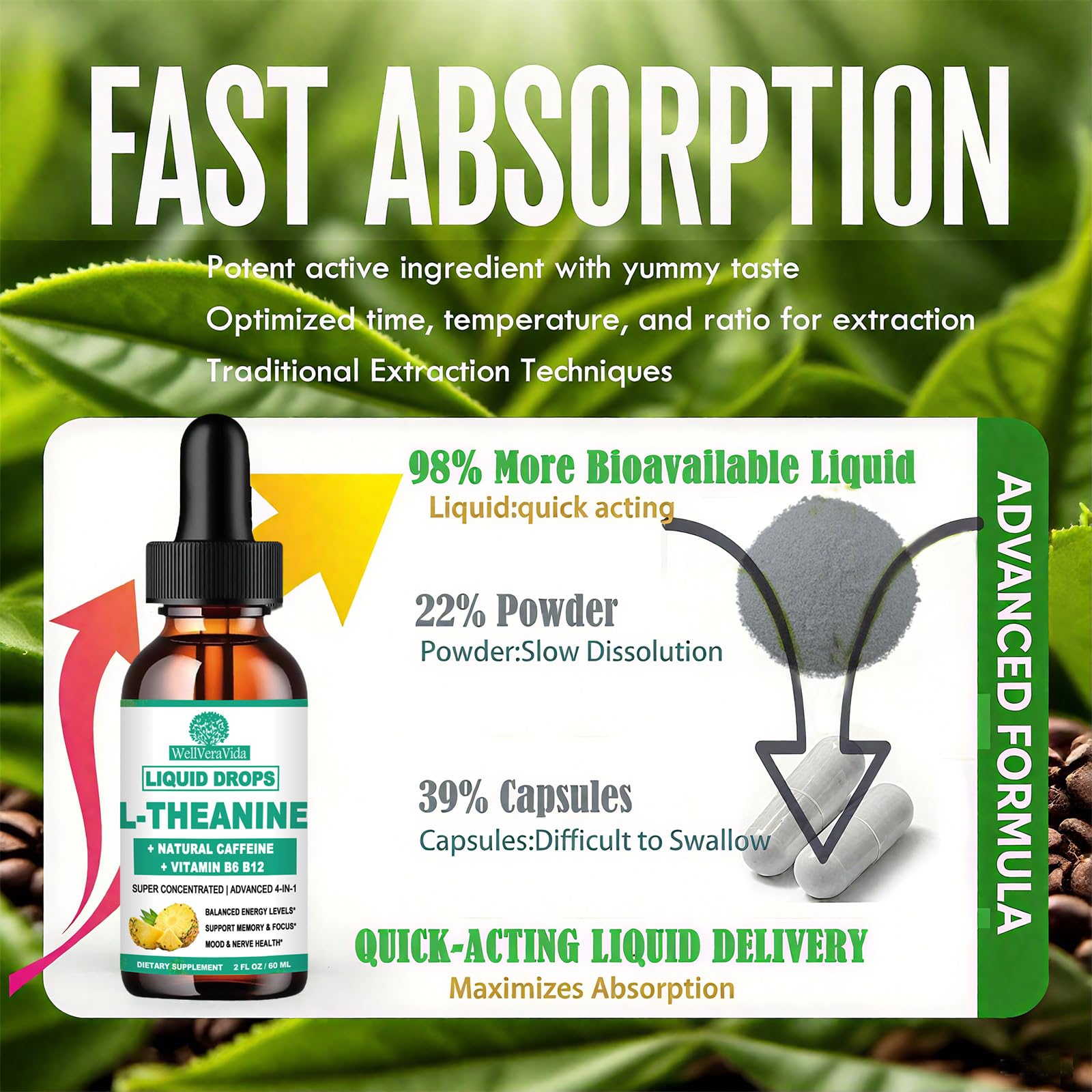 L Theanine Caffeine Liquid Drops, High Potency L-Theanine 100mg w. Caffeine Vitamin B12 B6, Natural Nootropic Brain for Smooth Energy Focus Alertness, 6X Stronger Than Pills Powder Gum WellVeraVida uk supplements