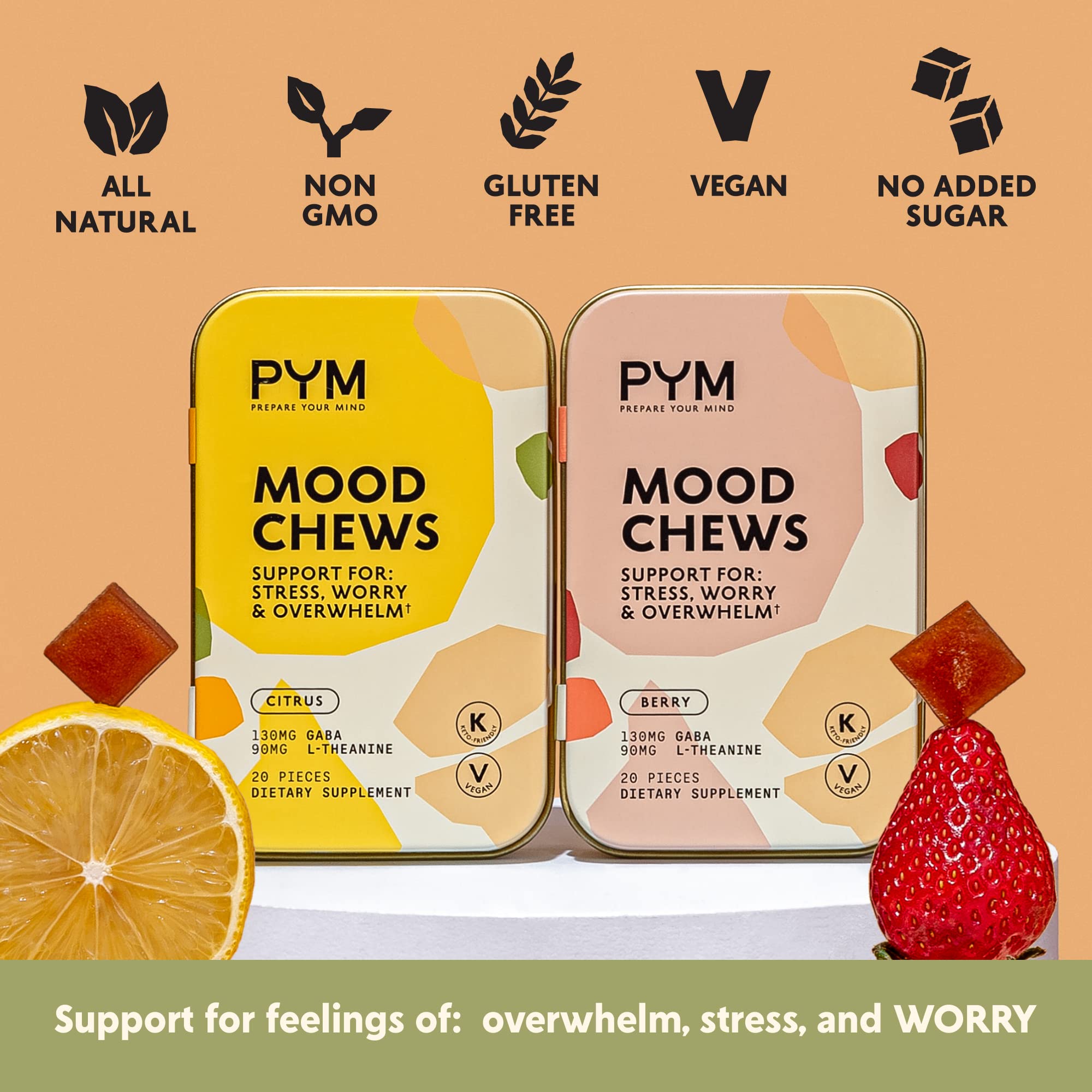 PYM Citrus Mood Chews Support for Stress, Worry & Overwhelm, 120 Count | 130mg GABA, 90mg L-Theanine | Vegan, Non-GMO, Gluten-Free, No Added Sugar | All-Natural Mood Balance Supplement Made in USA PYM Health uk supplements