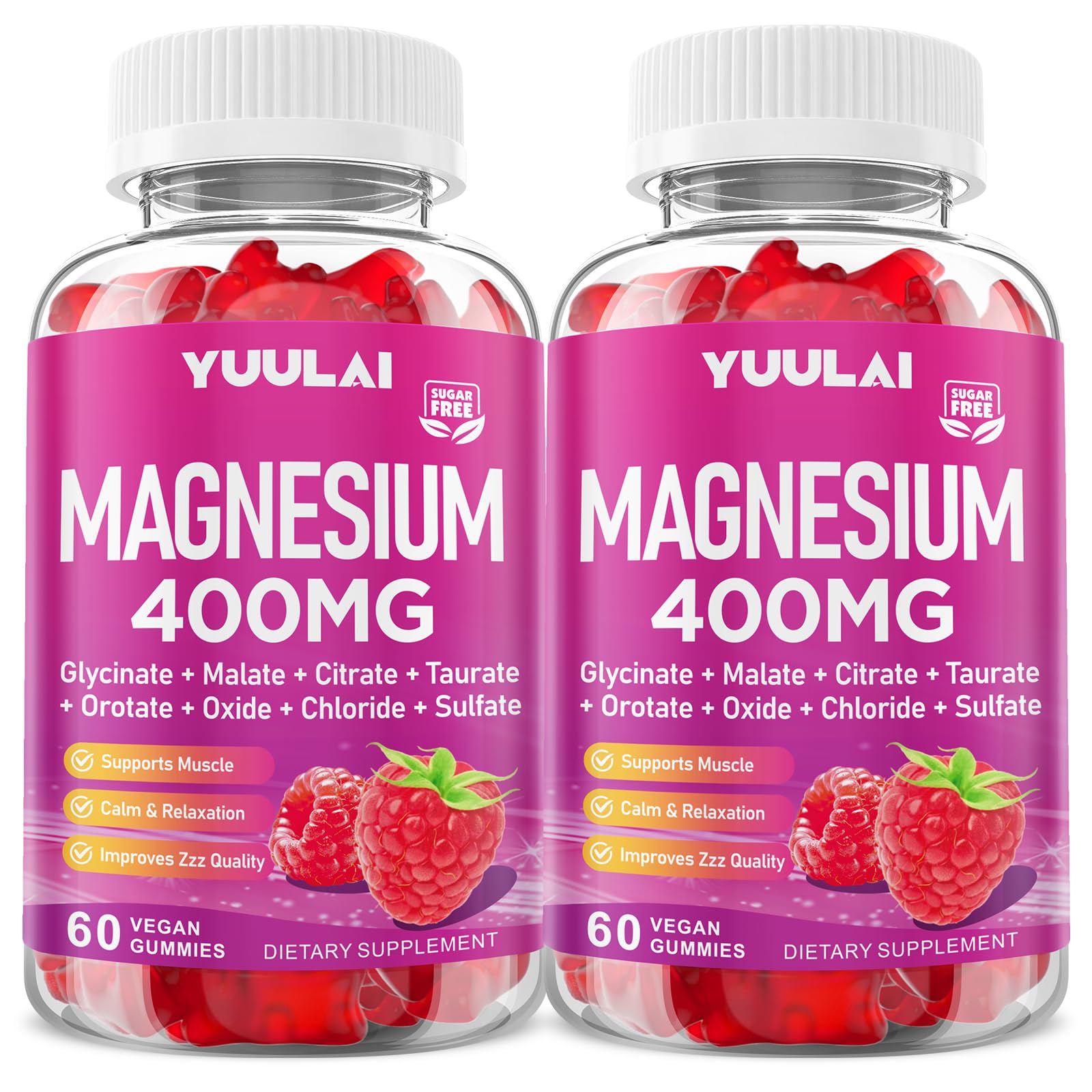 Pack of 2 Magnesium Complex Gummies 400mg, Magnesium Glycinate, Malate, Citrate, Taurate, Oxide & More | w/Ashwagandha Extract, D3 & B12 for Calm, Zzz, Relaxation, Raspberry Flavor, 120 Count YUULAI uk supplements