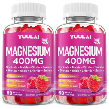 Pack of 2 Magnesium Complex Gummies 400mg, Magnesium Glycinate, Malate, Citrate, Taurate, Oxide & More | w/Ashwagandha Extract, D3 & B12 for Calm, Zzz, Relaxation, Raspberry Flavor, 120 Count YUULAI uk supplements