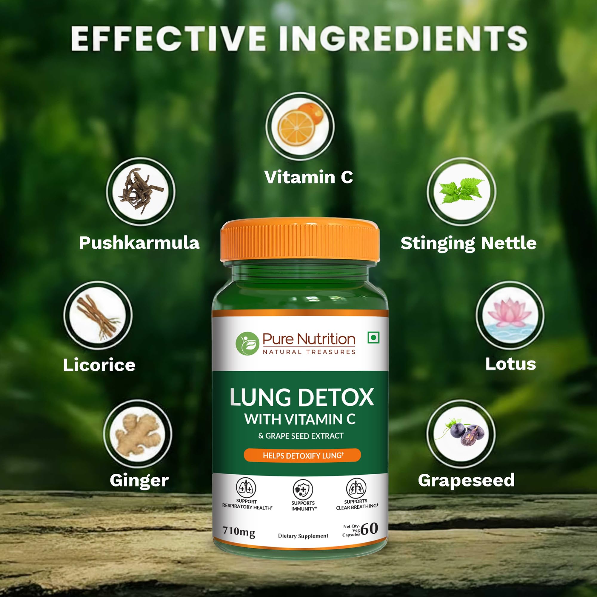 Pure Nutrition Lung Health Supplement | 60 Caps | Herbal Lung Support Formula with Quercetin, Vitamin C, Nettle, Vasaka Leaf, Lotus, Licorice & Ginger. PURE NUTRITION NATURAL TREASURES uk supplements