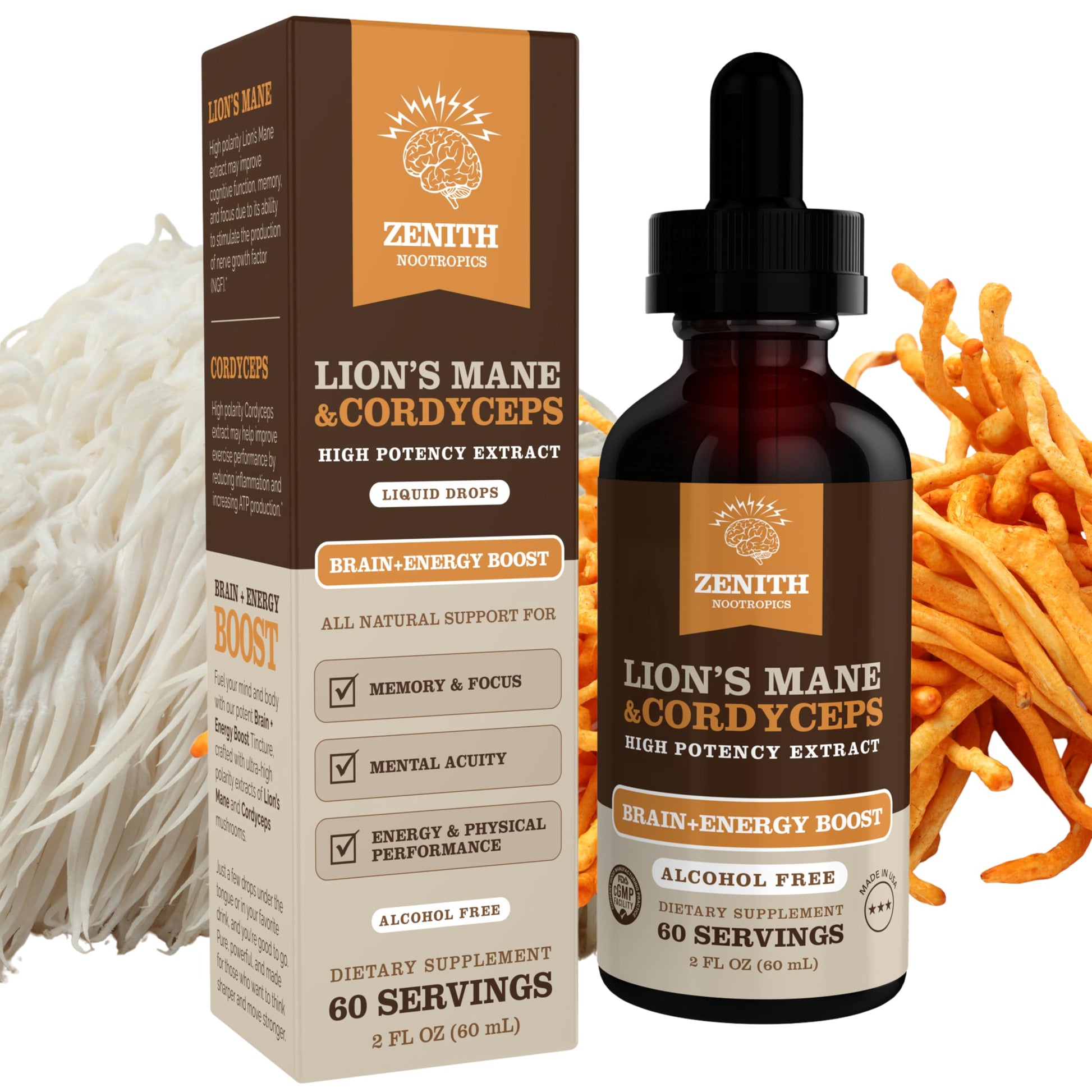 Zenith Nootropics Lion’s Mane & Cordyceps Supplement – Brain & Energy Support – Focus, Memory, Clarity, Immunity – Vegan, Alcohol-Free Tincture – Up-to 2-Month Supply, 2 fl oz Zenith Nootropics uk supplements