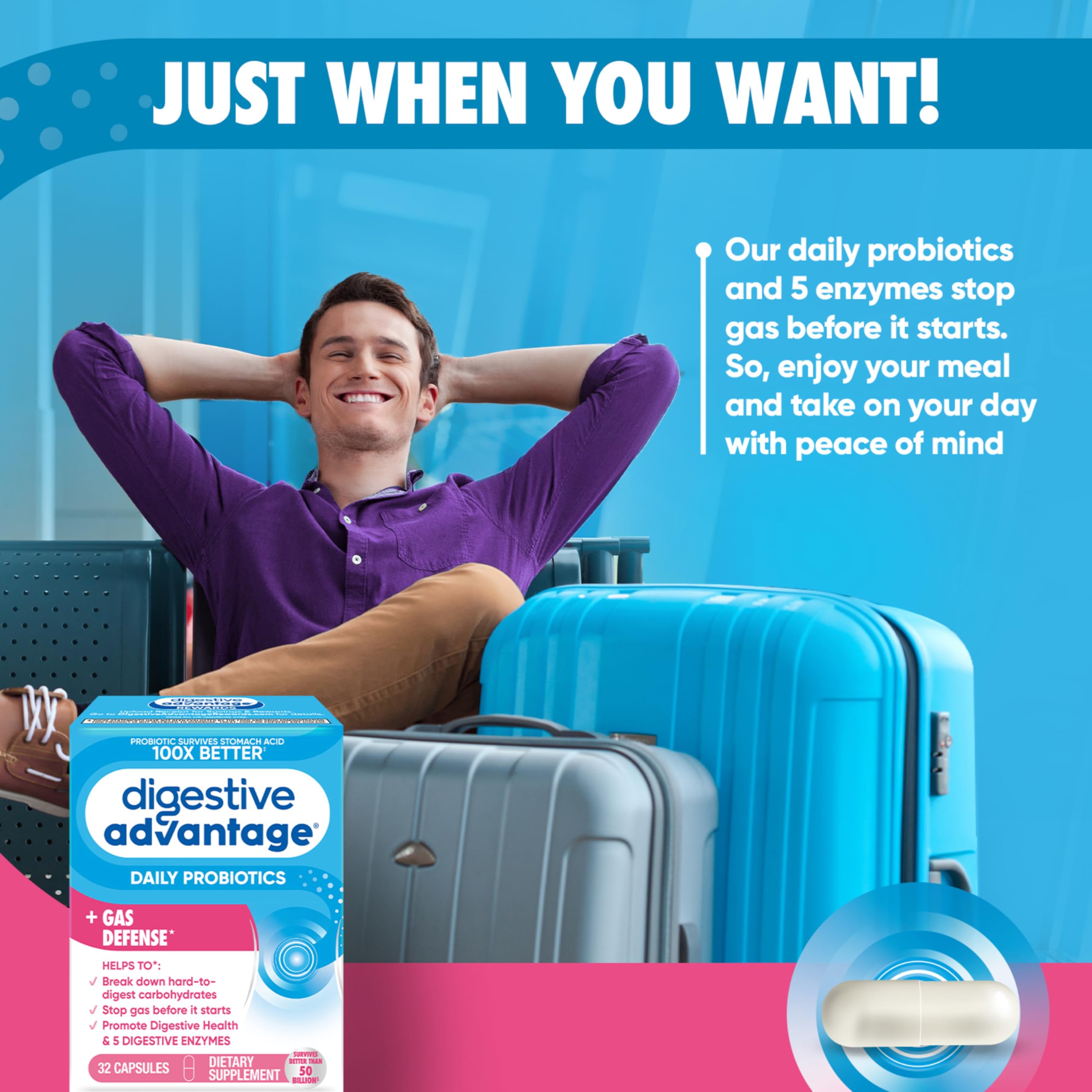 Digestive Enzyme and Probiotic Capsule- Digestive Advantage 32 Capsules, Survives 100x Better than regular 50 billion CFU, Breaks down food, helps prevent gas Digestive Advantage uk supplements