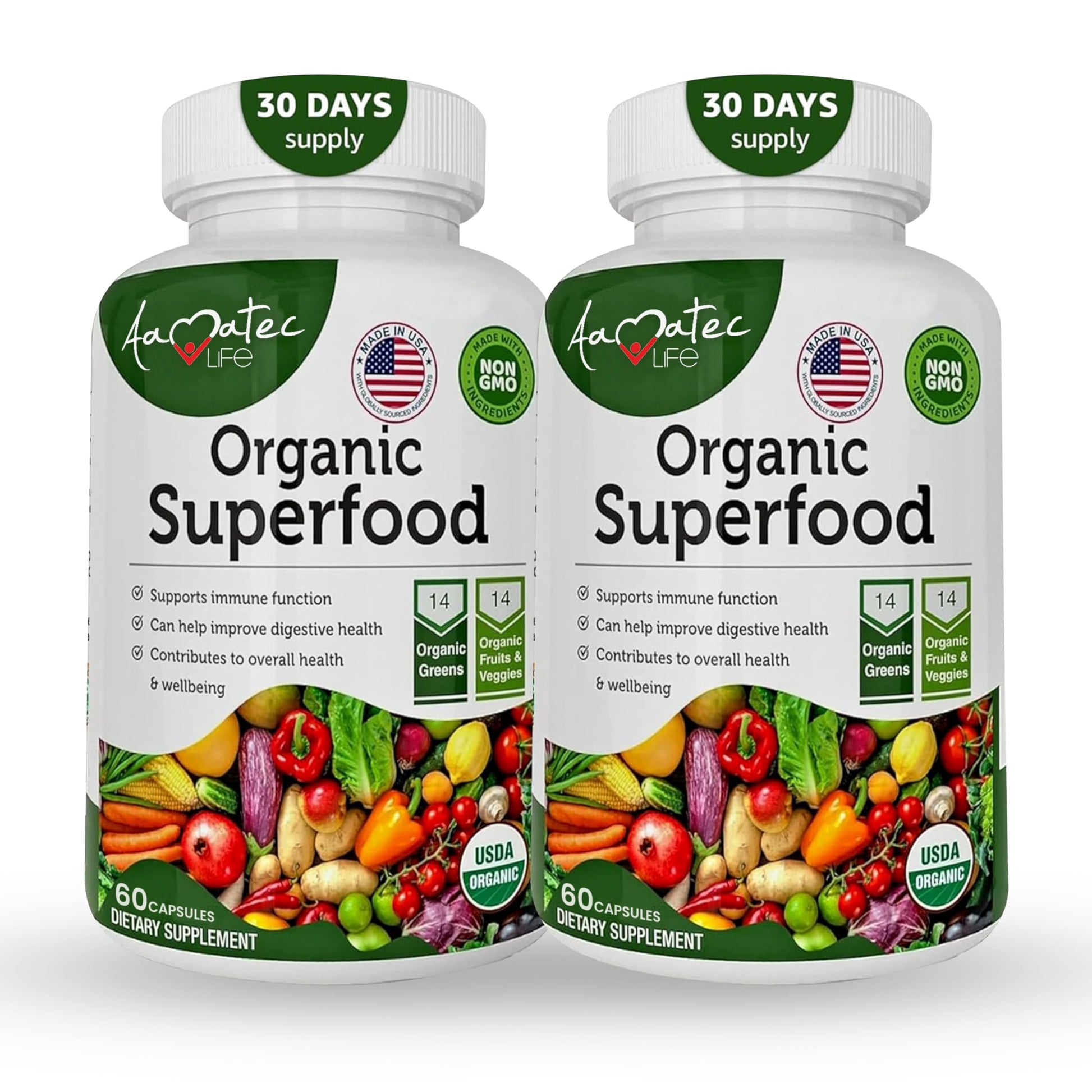 AAMATEC LIFE Organic Superfood Greens Fruits and Veggies Complex - Dietary Supplement with 14 Greens &14 Vegetables with Alfalfa Rich in Antioxidants Organic Ingredients Non-GMO (120 Count Pack of 2) AAMATEC LIFE uk supplements