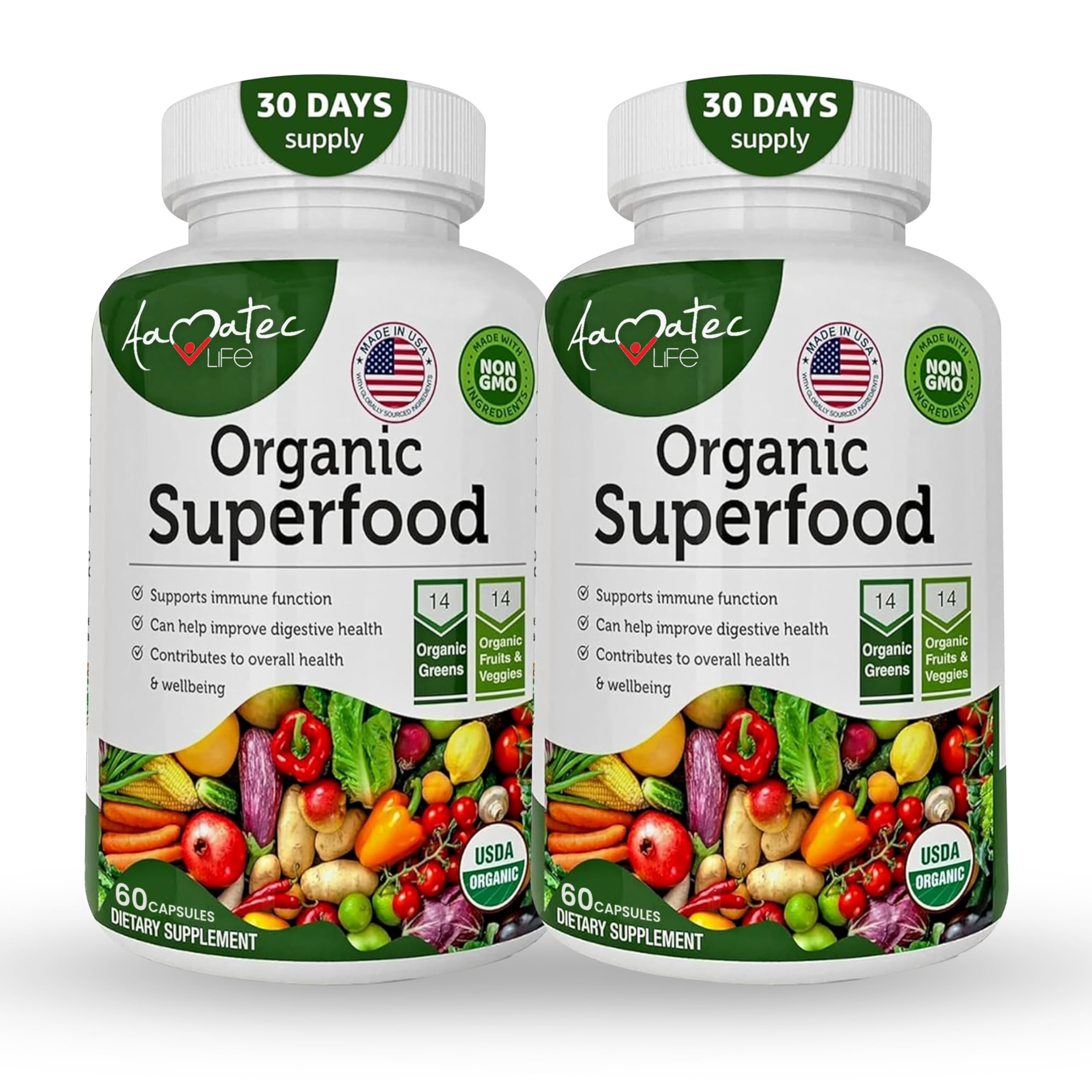 AAMATEC LIFE Organic Superfood Greens Fruits and Veggies Complex - Dietary Supplement with 14 Greens &14 Vegetables with Alfalfa Rich in Antioxidants Organic Ingredients Non-GMO (120 Count Pack of 2) AAMATEC LIFE uk supplements