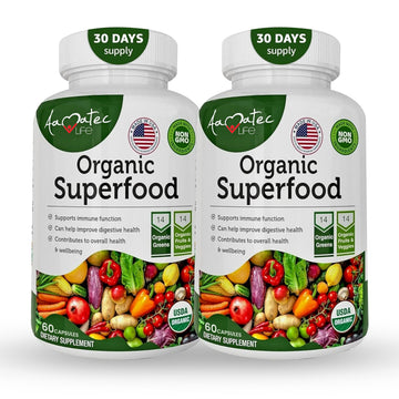 AAMATEC LIFE Organic Superfood Greens Fruits and Veggies Complex - Dietary Supplement with 14 Greens &14 Vegetables with Alfalfa Rich in Antioxidants Organic Ingredients Non-GMO (120 Count Pack of 2) AAMATEC LIFE uk supplements