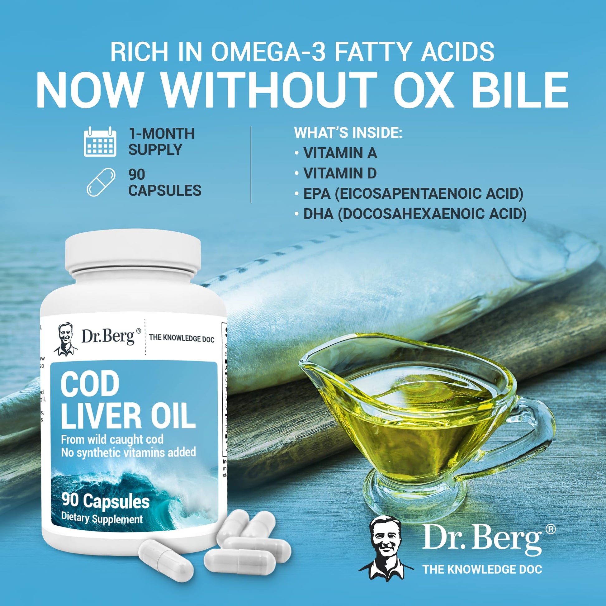 Dr. Berg Cod Liver Oil Capsules - New Formula Without OxBile - Rich in Omega-3 Fatty Dr. Berg Nutritionals uk supplements
