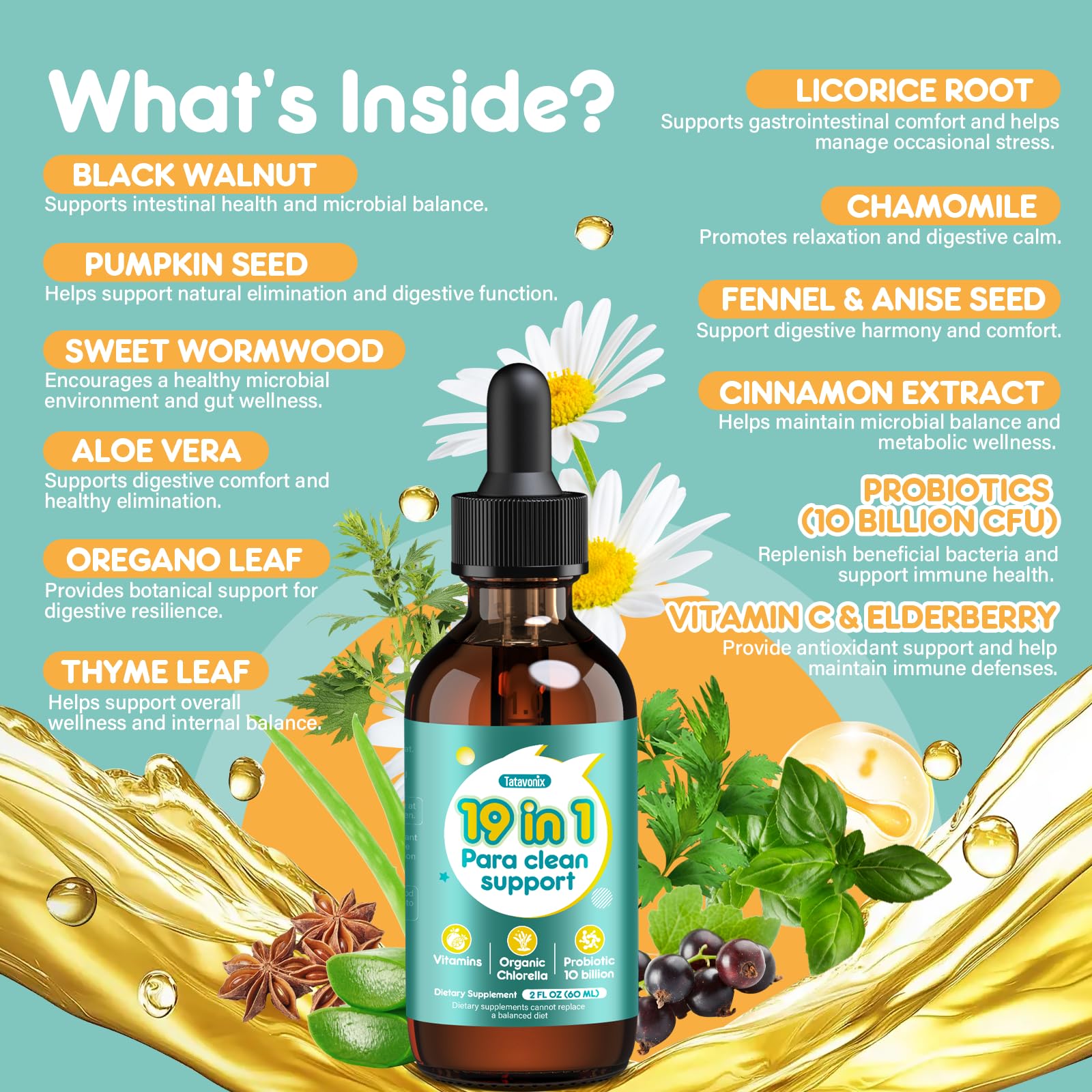 Tatavonix 19 in 1 Herbal Gut Cleanse Drops – Wormwood, Black Walnut, Chlorella 250mg, 10B Probiotics, Clove & Oregano – Liquid Detox Support for Adults & Kids, Alcohol-Free, 4oz Tatavonix uk supplements