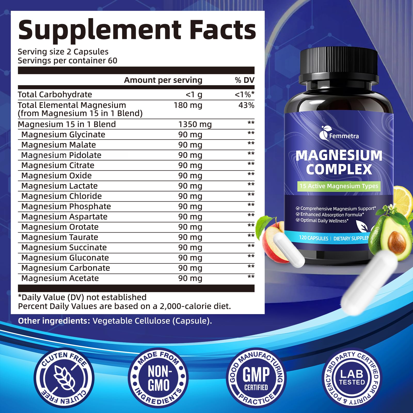 Magnesium Complex for Women Men 1350mg 15 in 1 Pure Magnesium Supplement, with High Absorption Chelated Magnesium Glycinate Citrate Malate & More for Muscle, Heart, Sleep & Bone Support, Vegan 60 Days Femmetra uk supplements