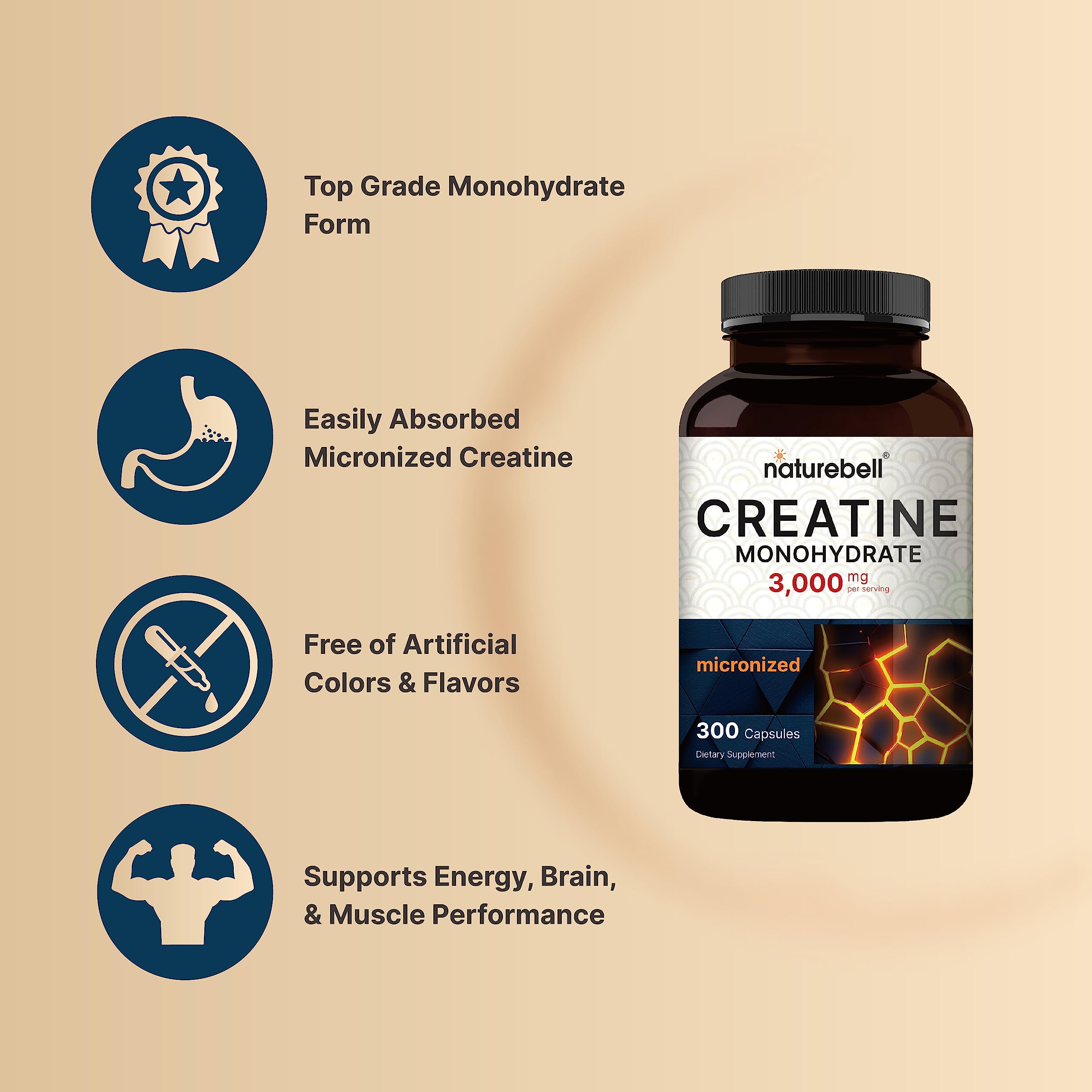 Creatine Monohydrate 3,000mg Per Serving, 300 Capsules – Micronized – Unflavored NatureBell uk supplements
