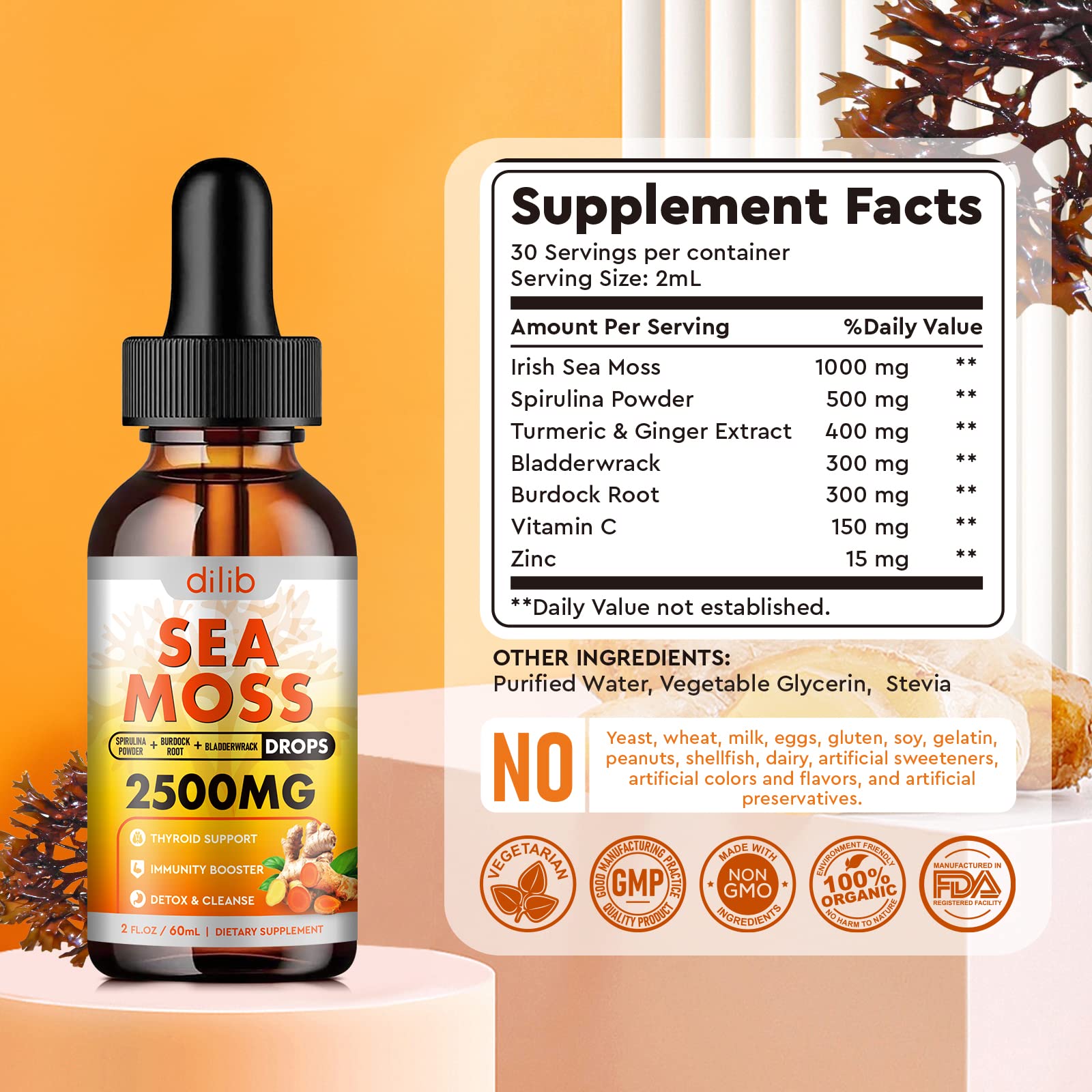 Sea Moss Liquid Drops: Organic Irish Sea Moss 2500mg with Turmeric, Bladderwrack dilib uk supplements