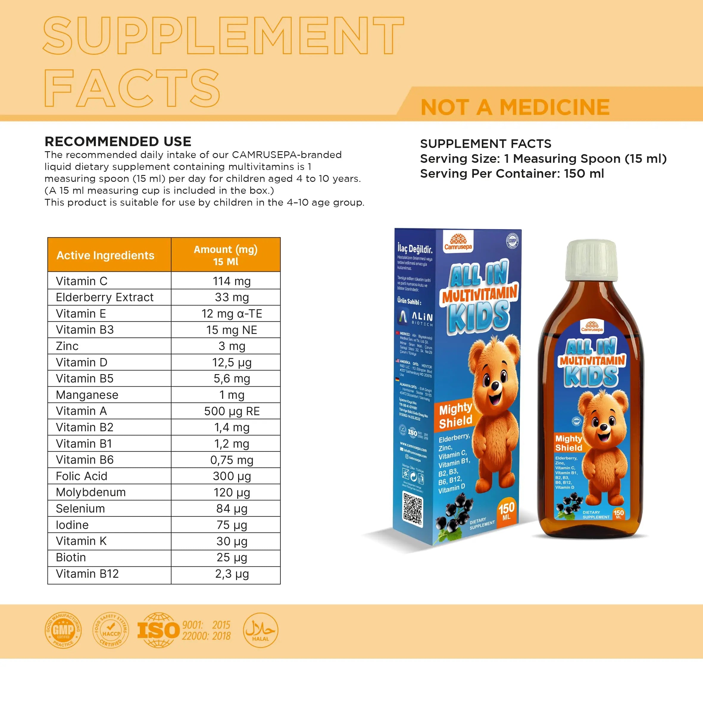 CAMRUSEPA All in Multivitamin Kids Syrup – Black Elderberry Flavored, Inositol, Zinc, Vitamin C, Daily Liquid Multivitamin Camrusepa uk supplements